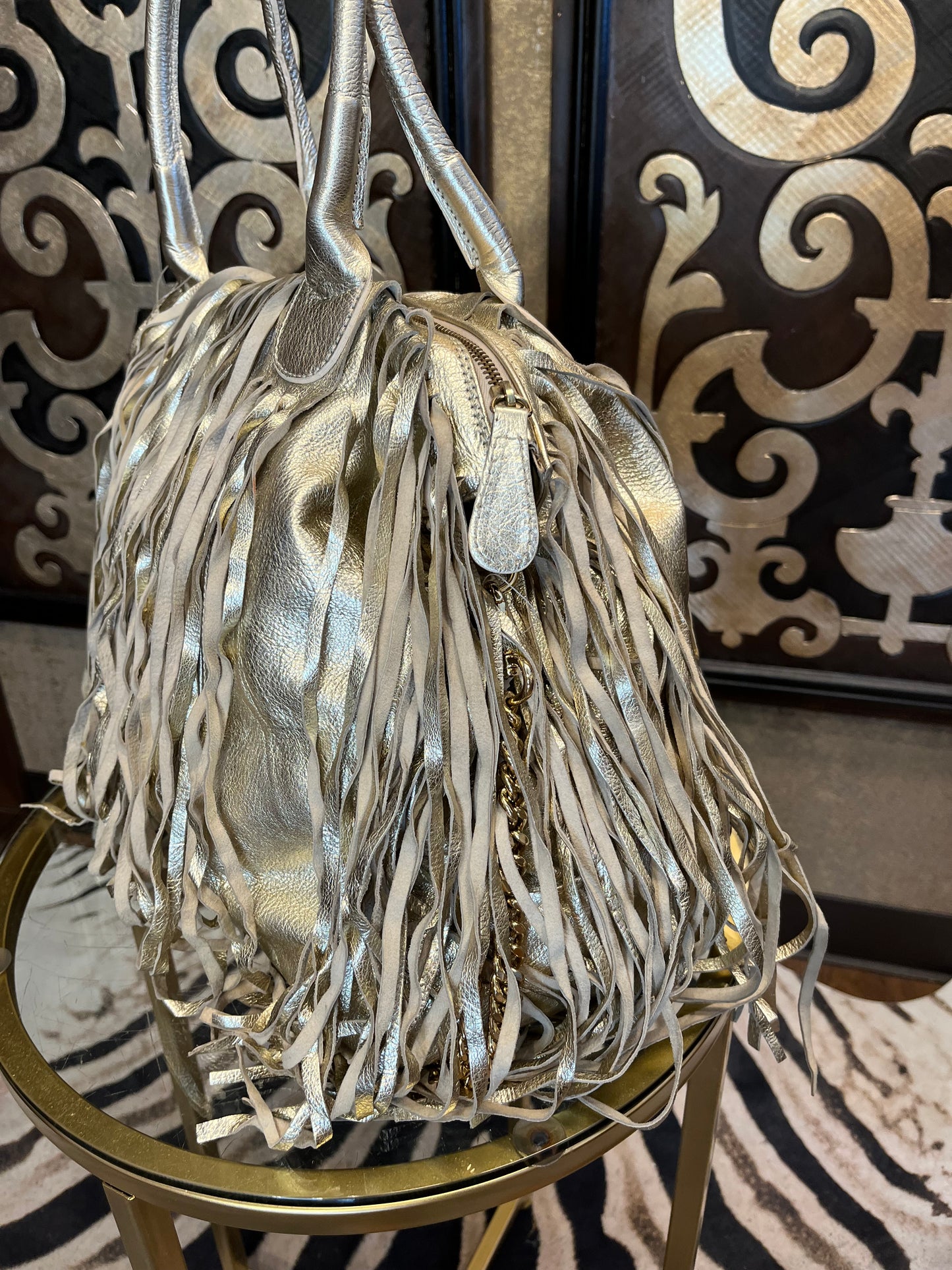 Alberta DiCanio Italian soft leather fringe golden crossbody handbag