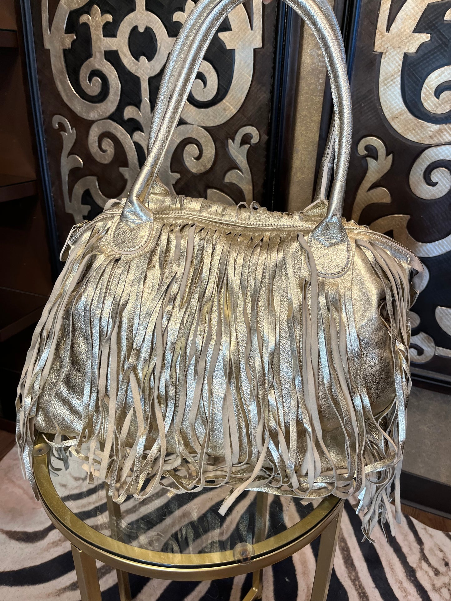 Alberta DiCanio Italian soft leather fringe golden crossbody handbag