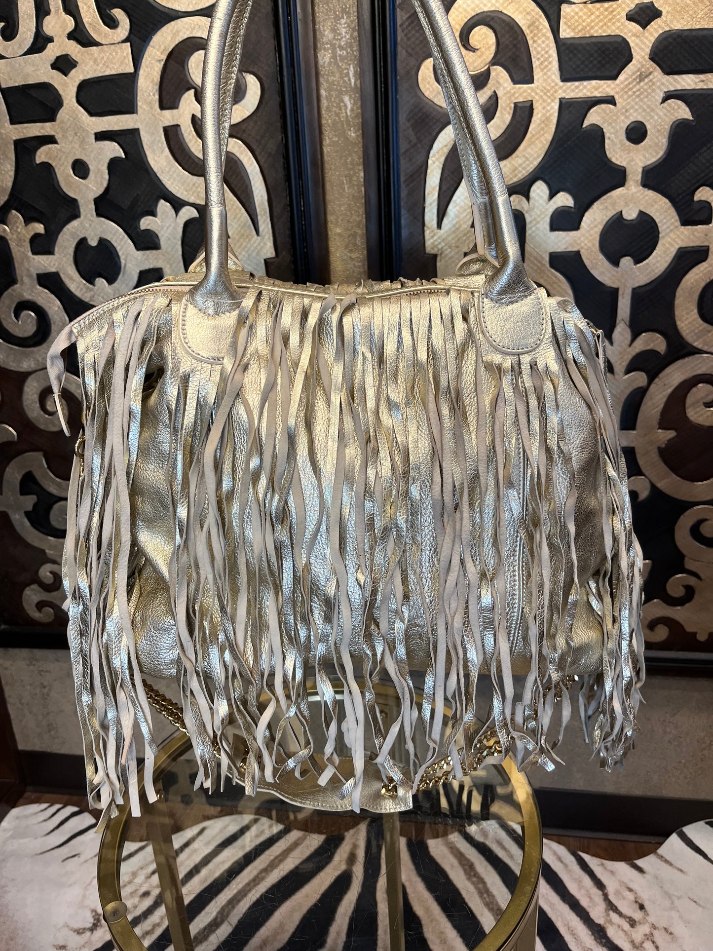 Alberta DiCanio Italian soft leather fringe golden crossbody handbag