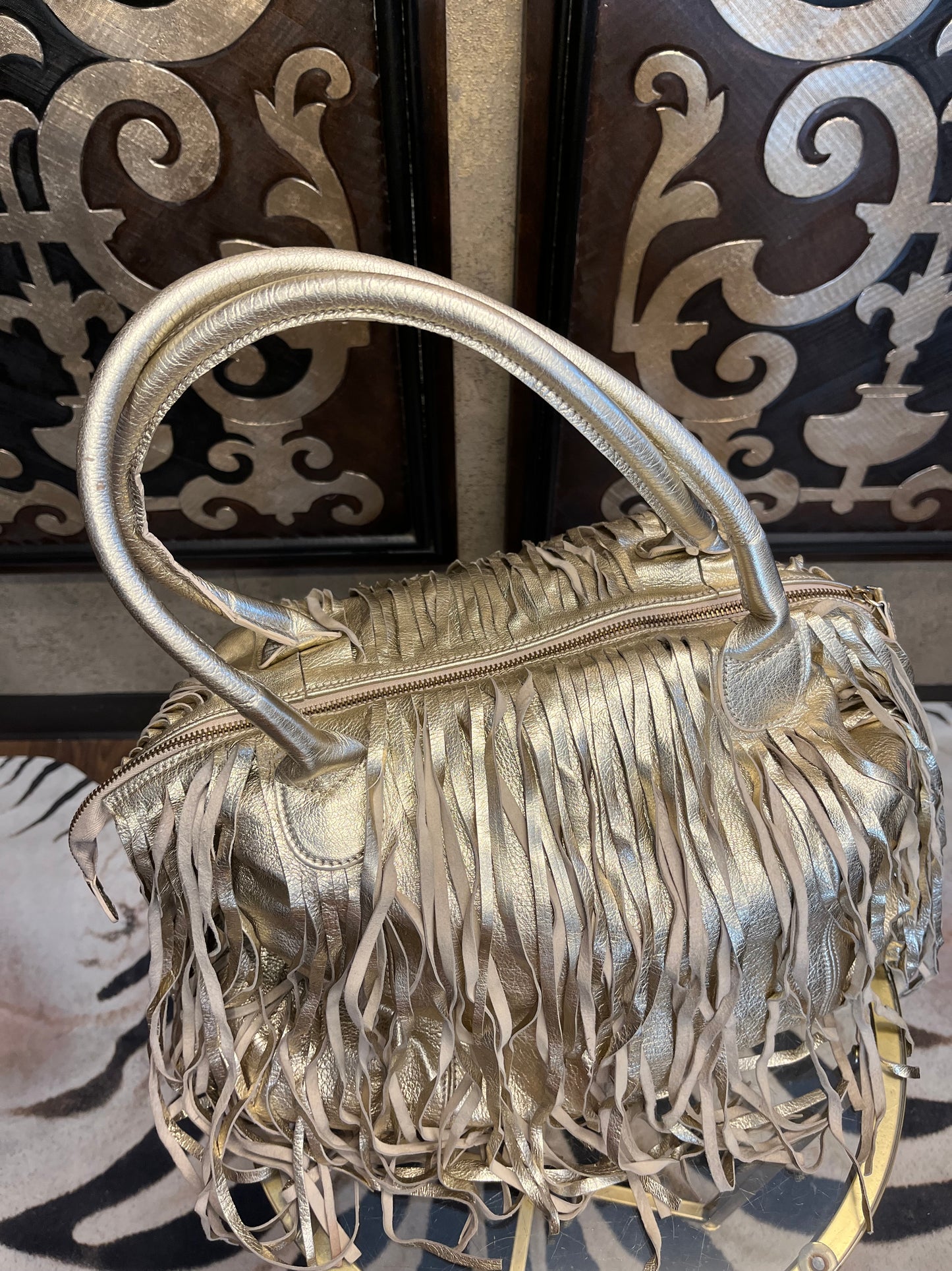 Alberta DiCanio Italian soft leather fringe golden crossbody handbag