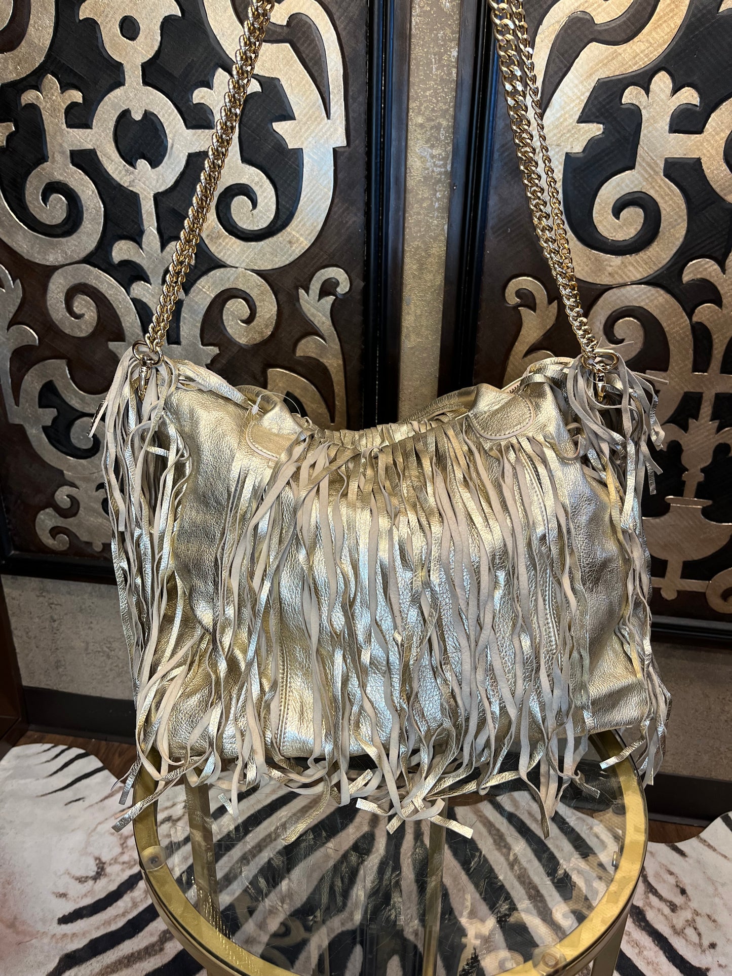 Alberta DiCanio Italian soft leather fringe golden crossbody handbag