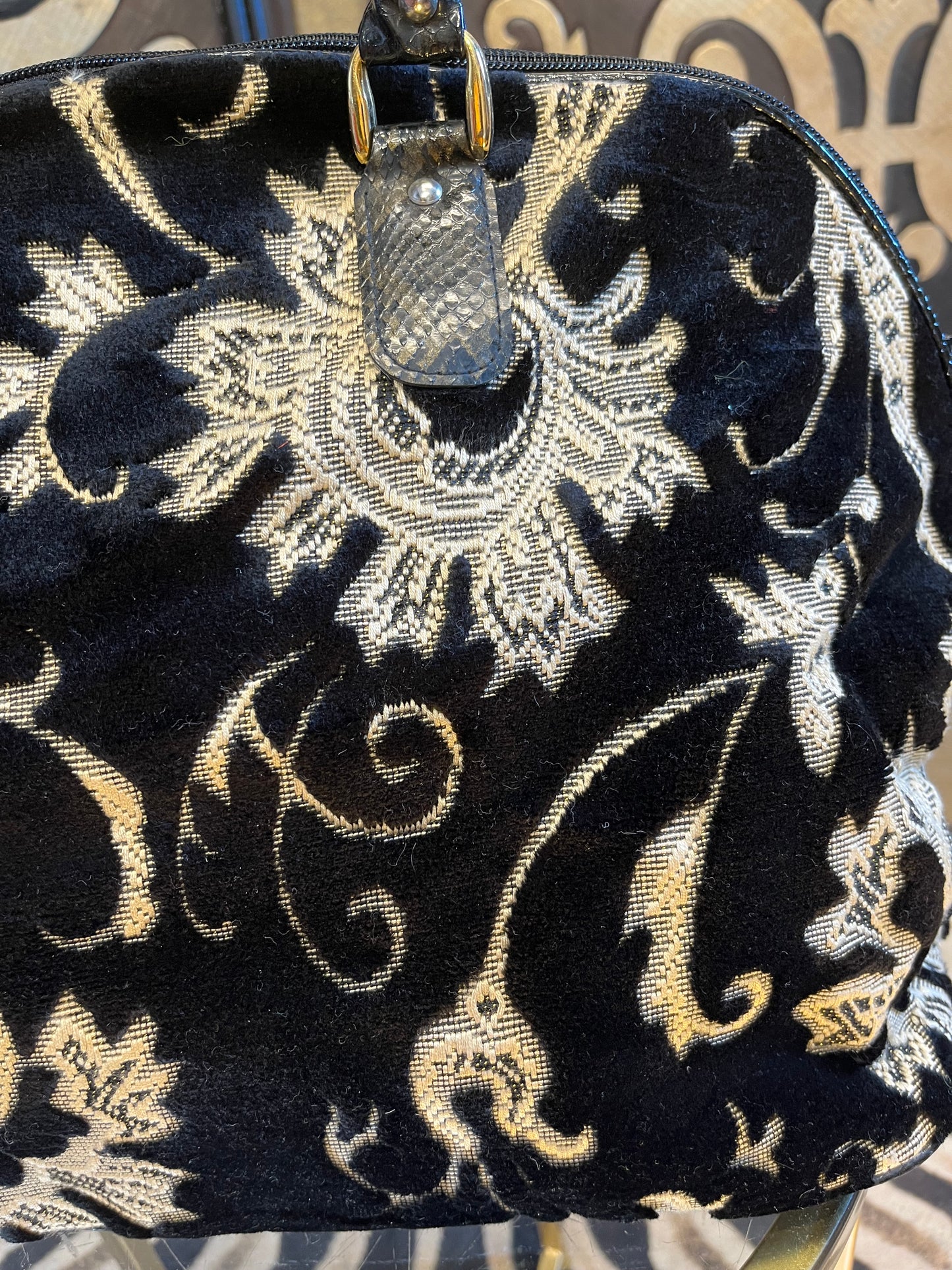 Tapestry black taupe gold zip closure vinyl covered handles handbag