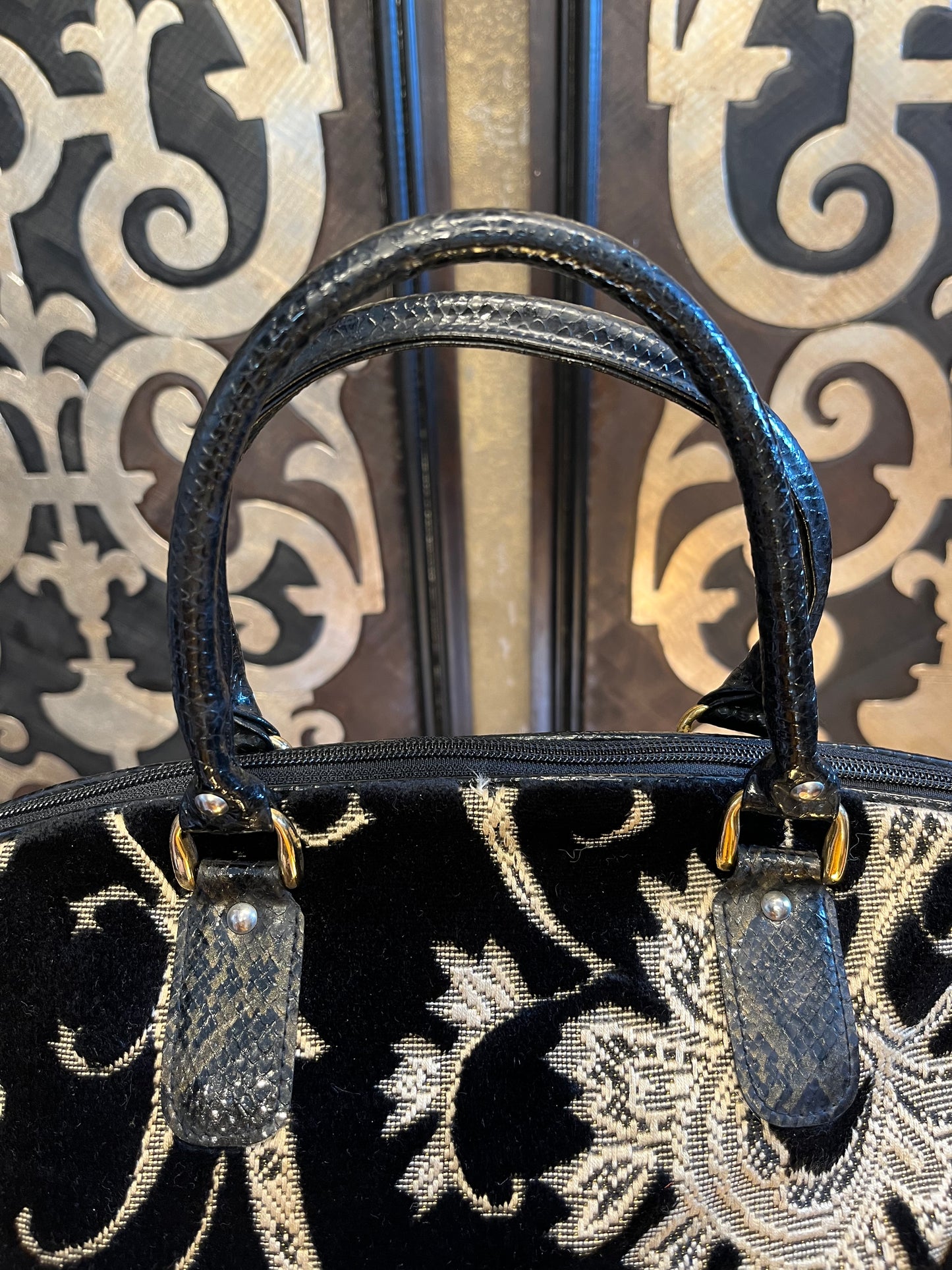 Tapestry black taupe gold zip closure vinyl covered handles handbag