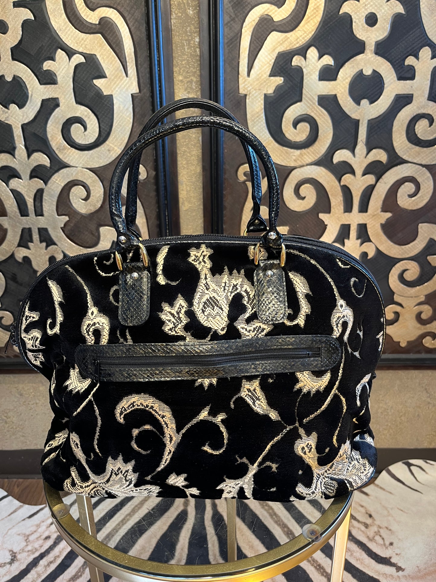 Tapestry black taupe gold zip closure vinyl covered handles handbag