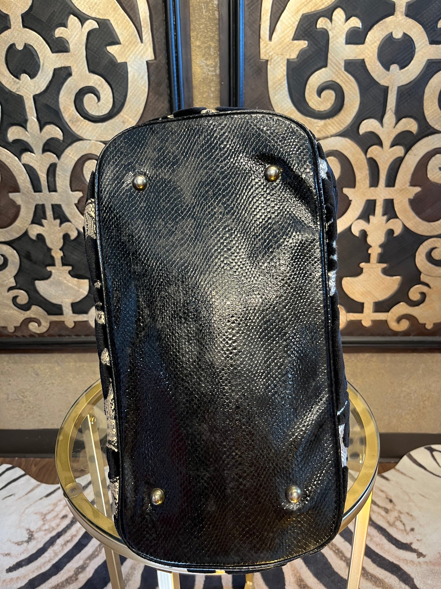 Tapestry black taupe gold zip closure vinyl covered handles handbag
