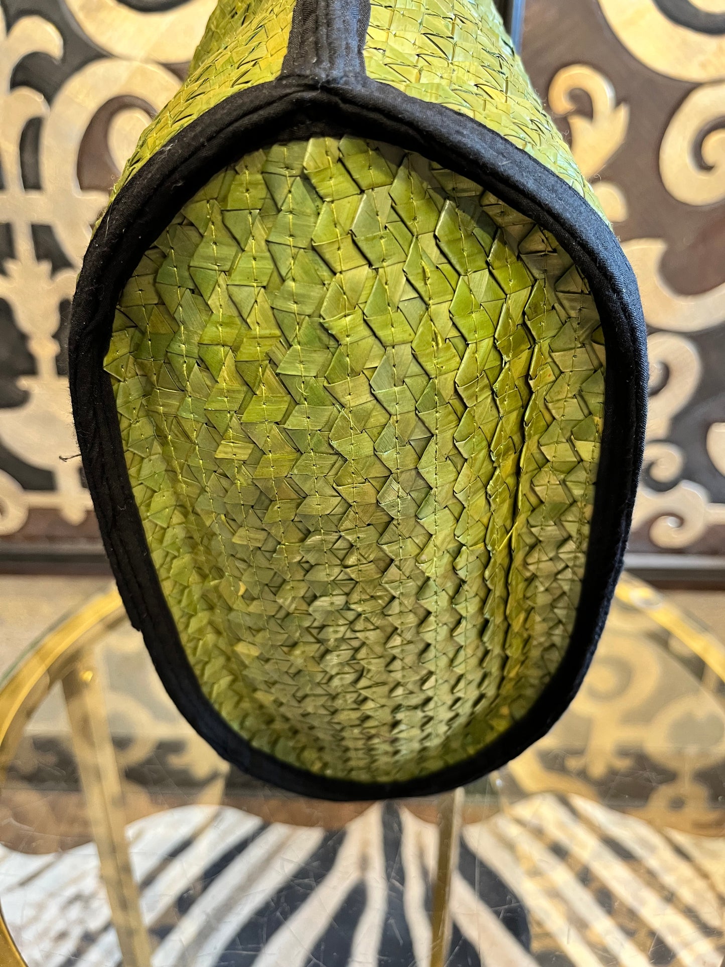 Lantern moon palm leaf green wicker tote handbag