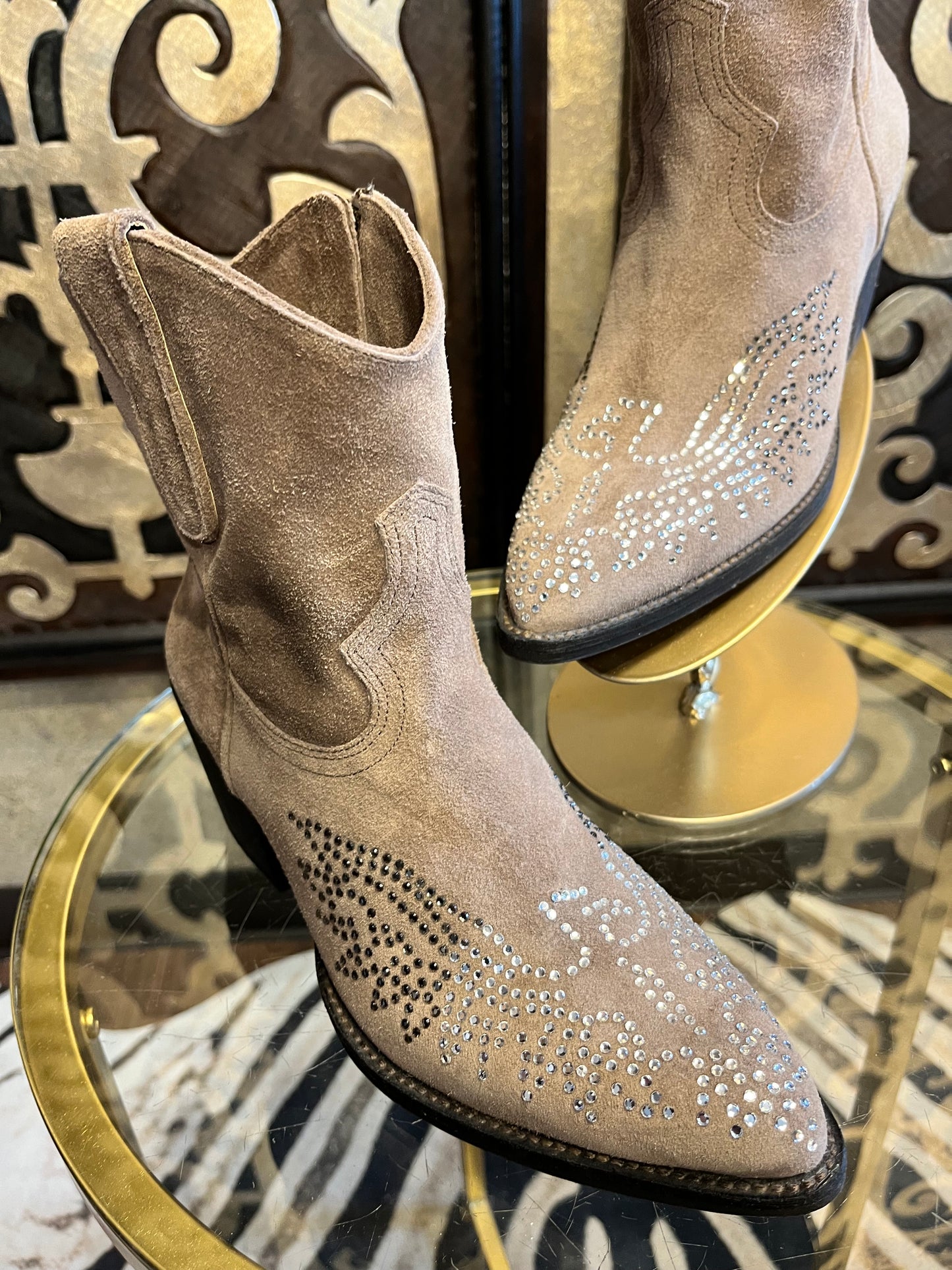 Reba taupe suede rhinestone design cowboy boots