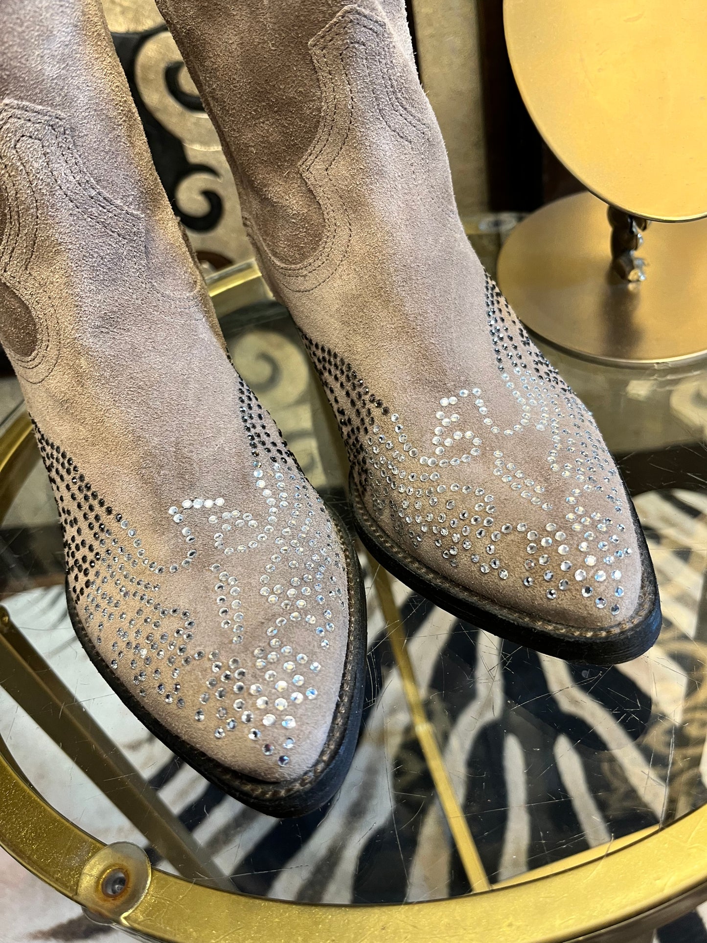 Reba taupe suede rhinestone design cowboy boots