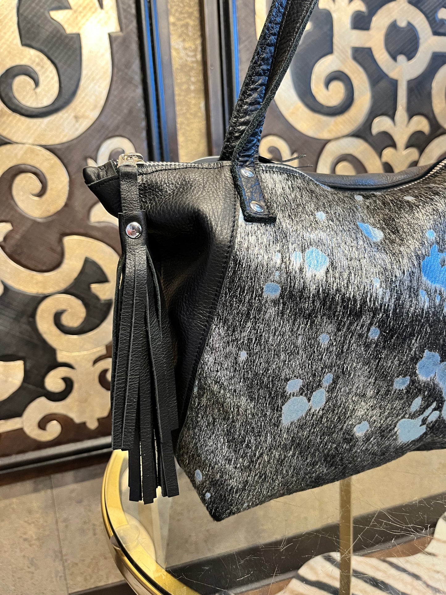 Bequdin black metallic cowhide leather handbag