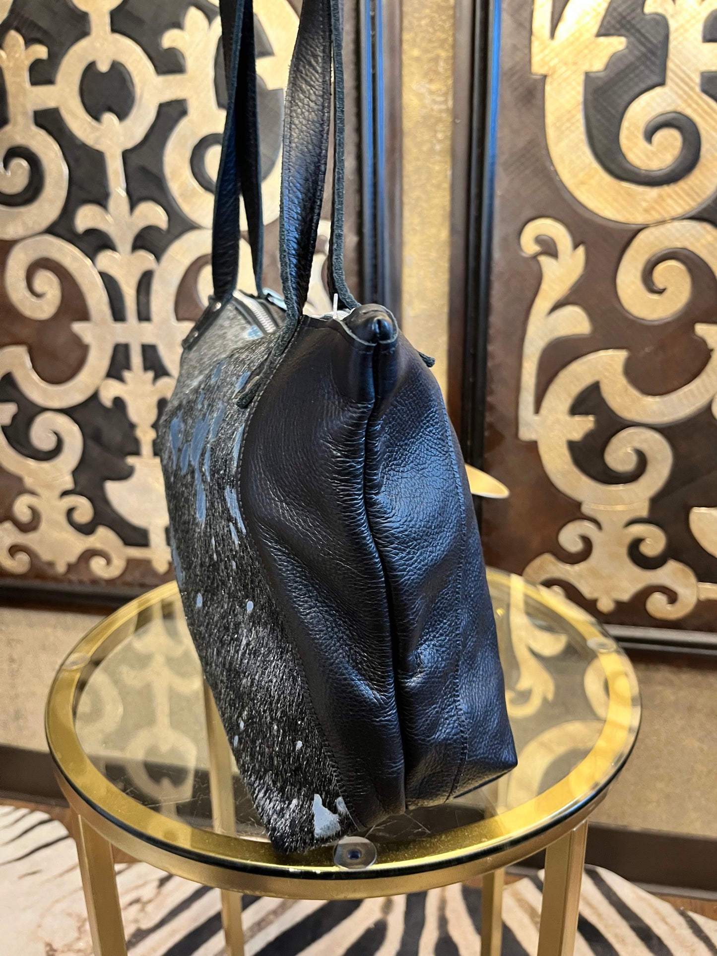 Bequdin black metallic cowhide leather handbag