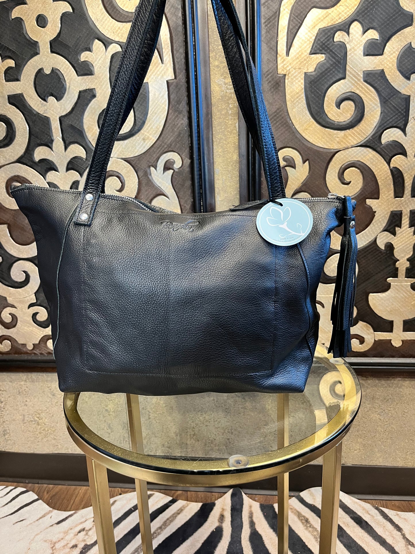 Bequdin black metallic cowhide leather handbag