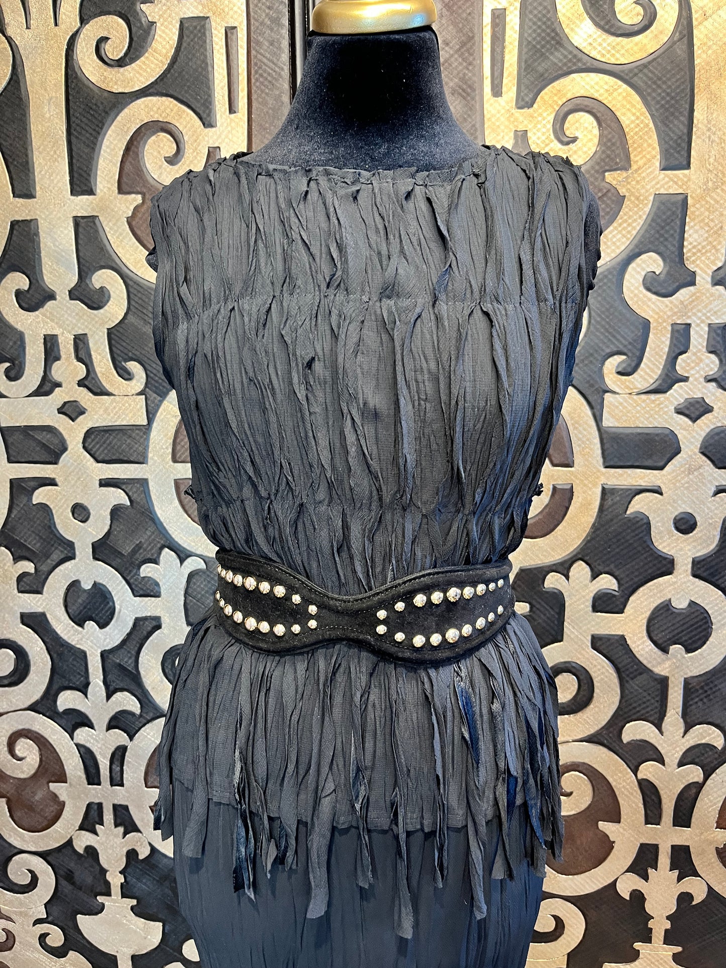 Babette vintage black fabric pleats fringe top & skirt