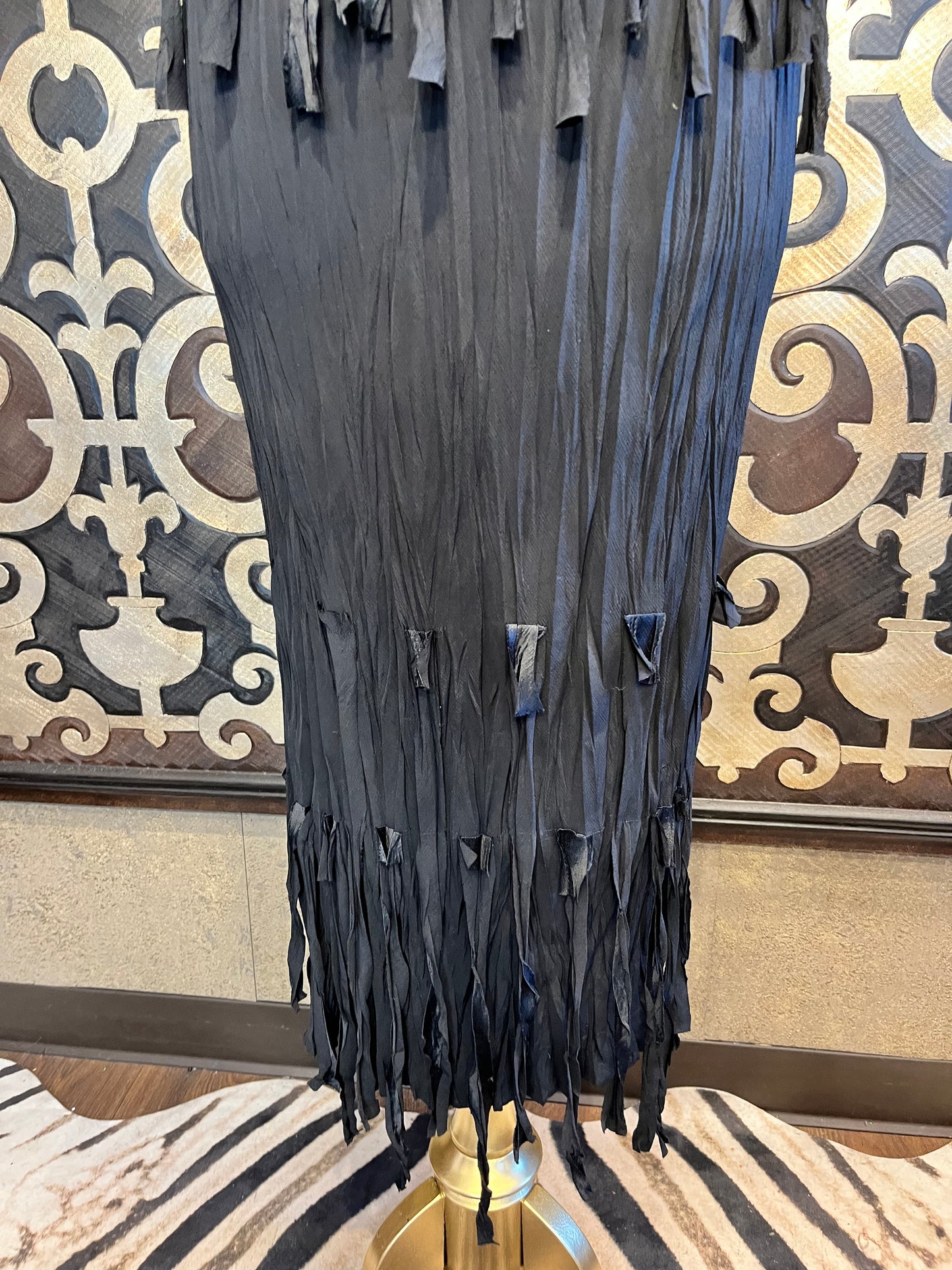 Babette vintage black fabric pleats fringe top & skirt