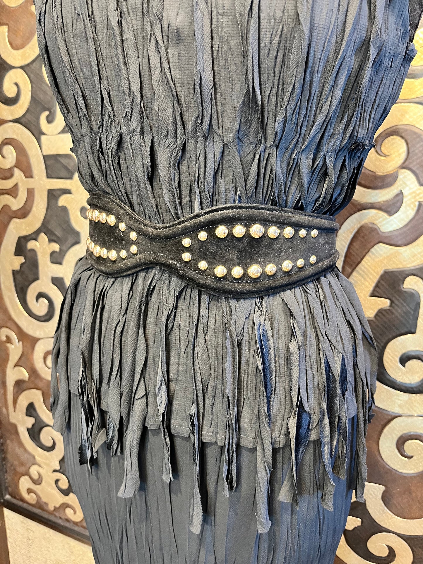 Babette vintage black fabric pleats fringe top & skirt