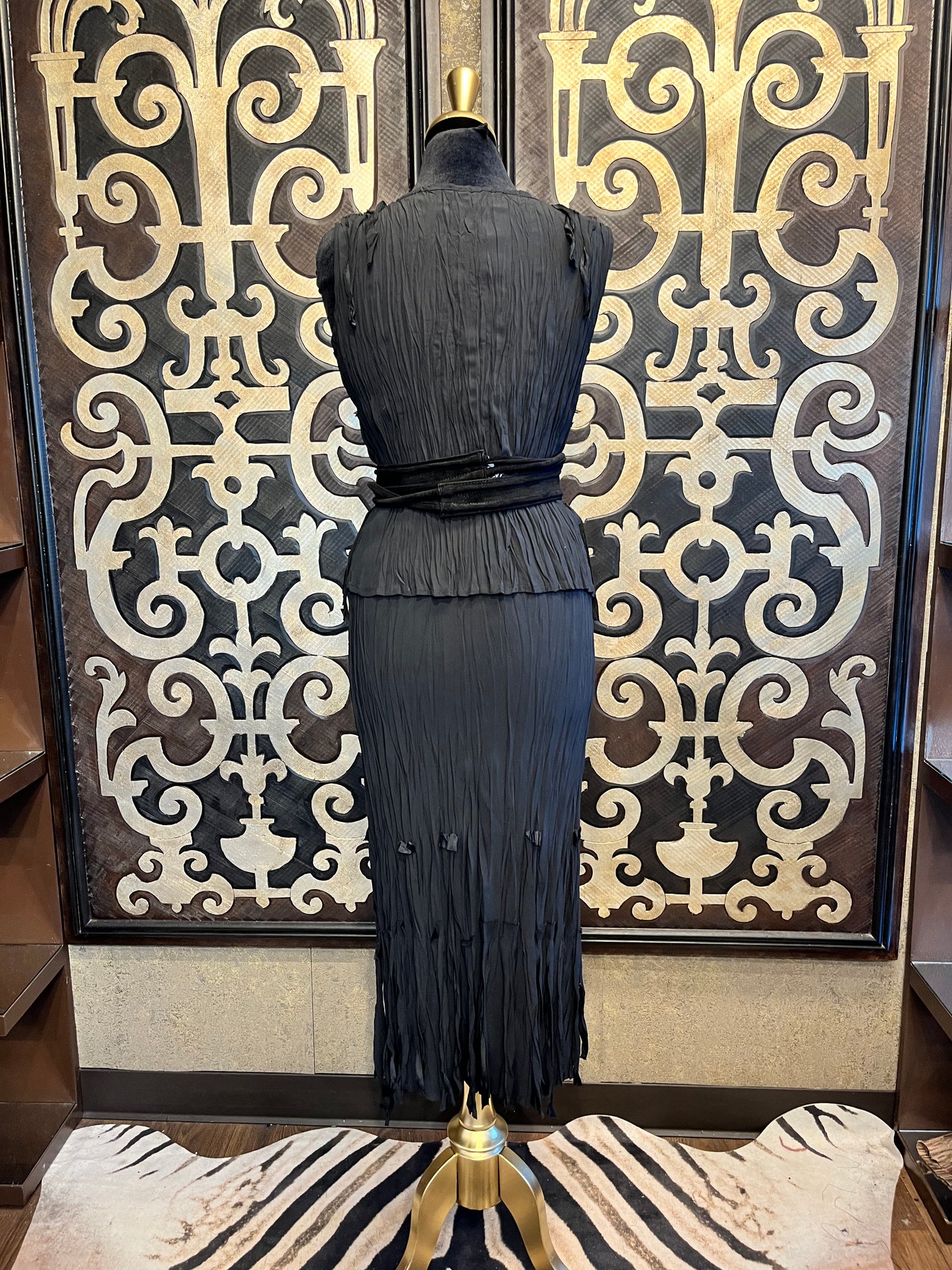 Babette vintage black fabric pleats fringe top & skirt