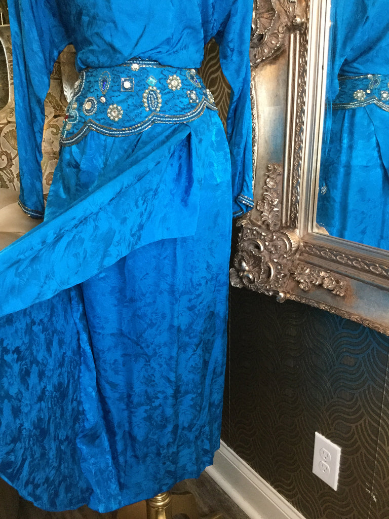 Vintage teal beaded sequin floral silk dress
