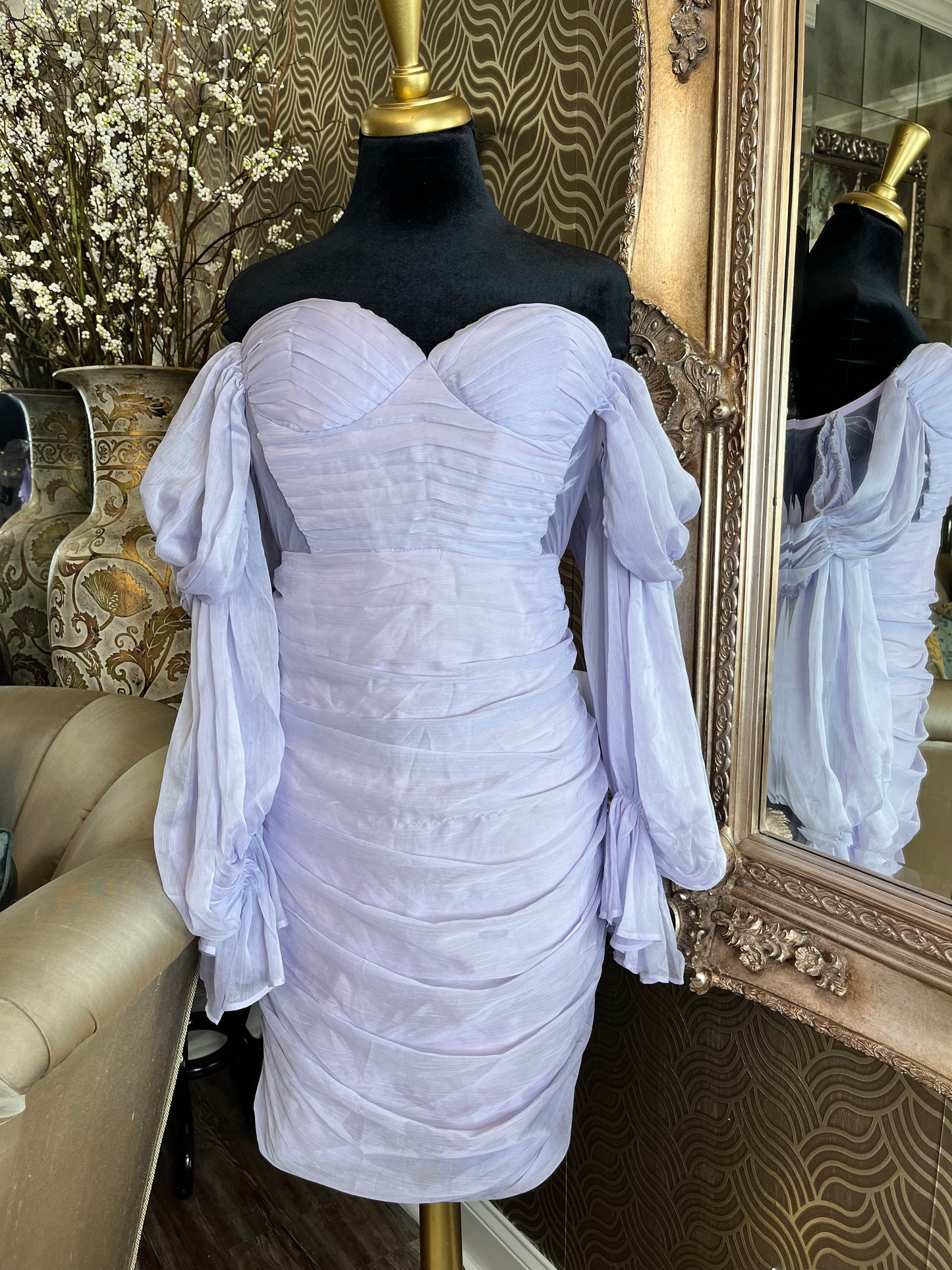Miss Circle lavender silk pleated shoulder dress