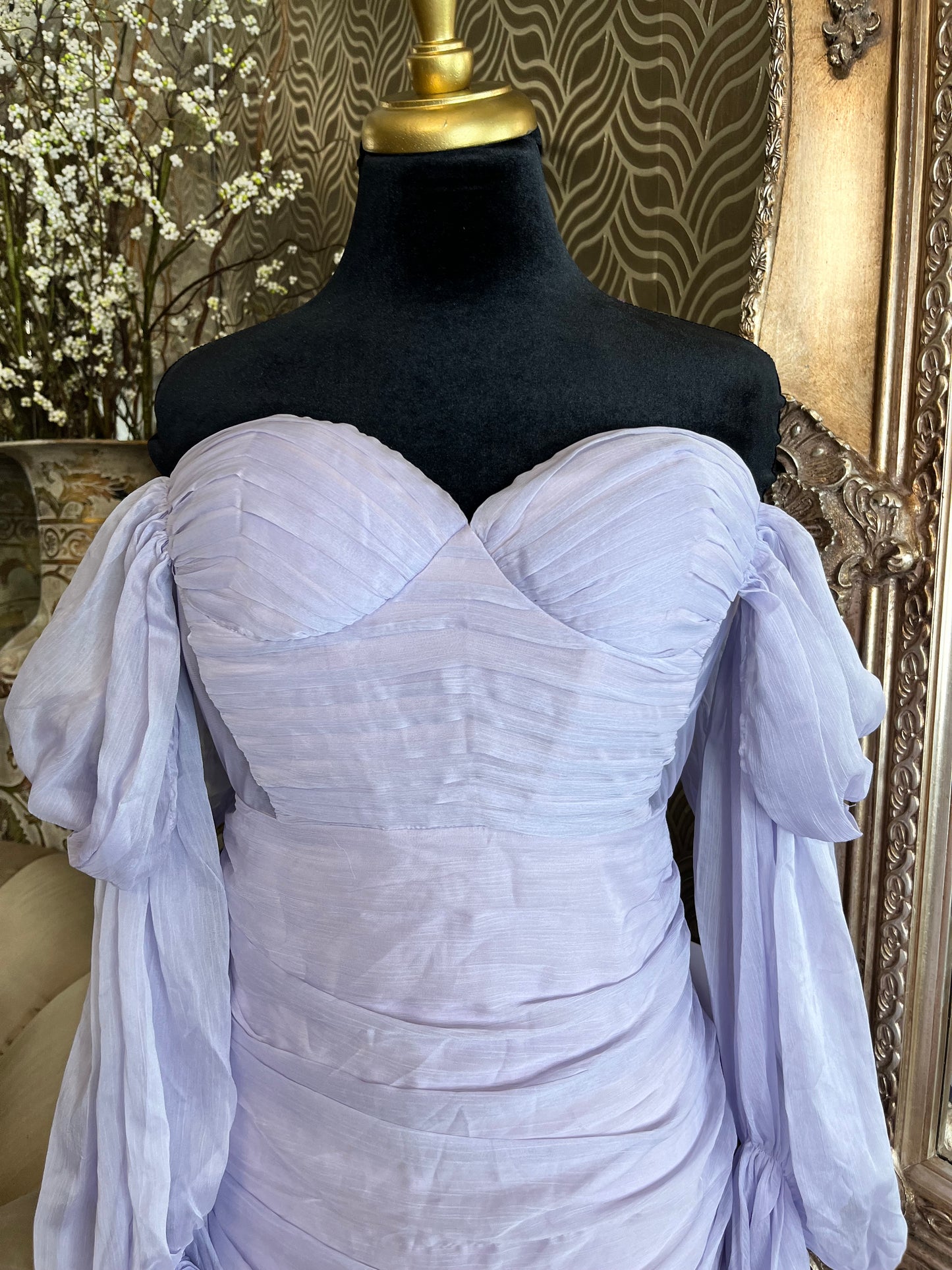 Miss Circle lavender silk pleated shoulder dress