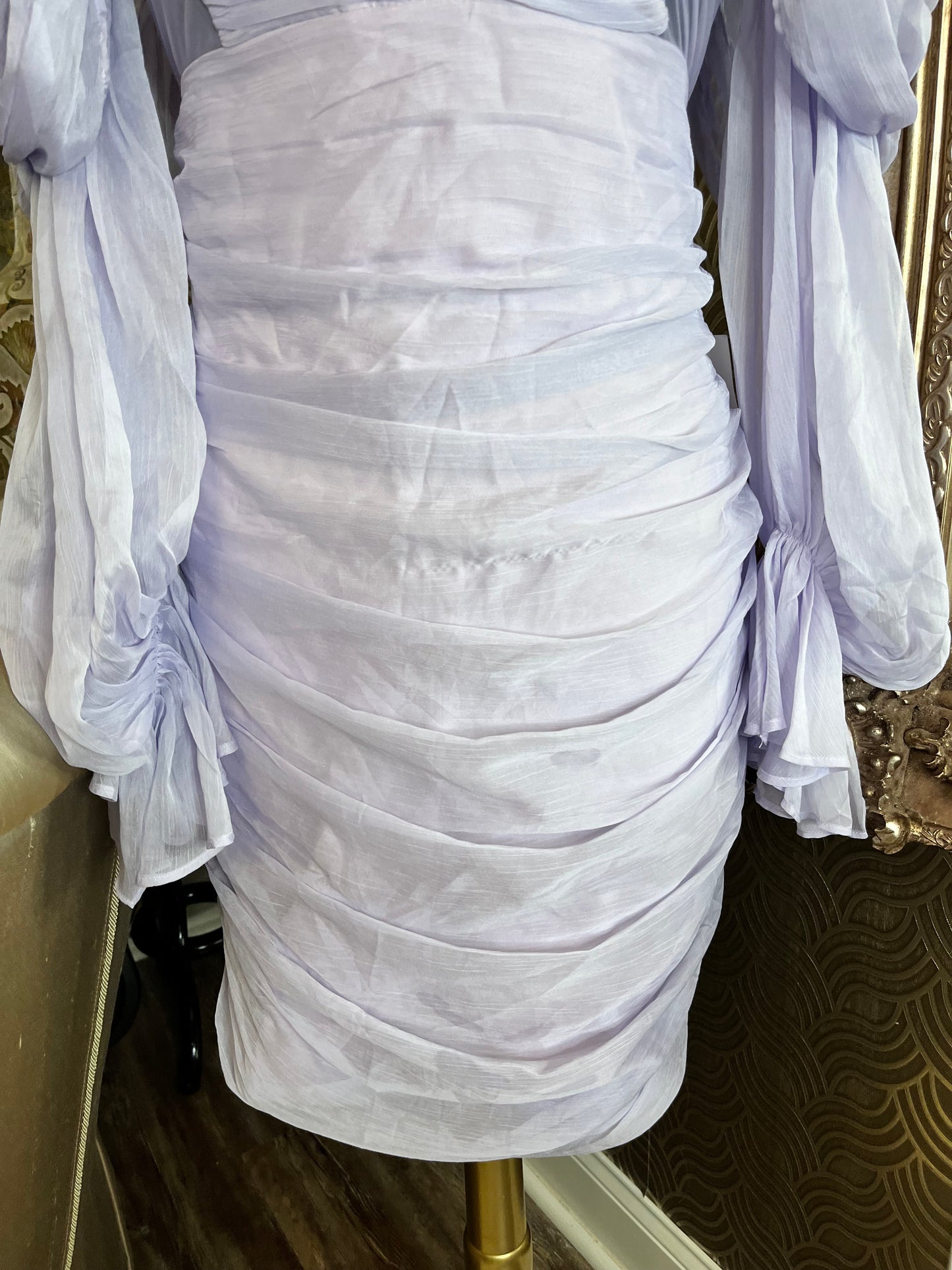 Miss Circle lavender silk pleated shoulder dress