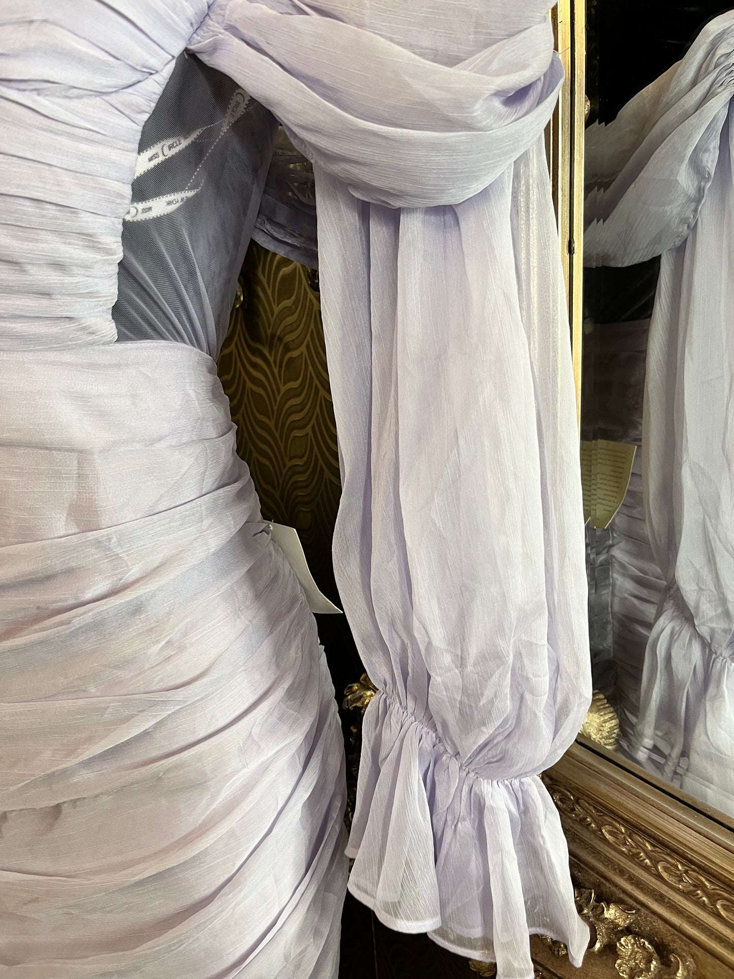 Miss Circle lavender silk pleated shoulder dress