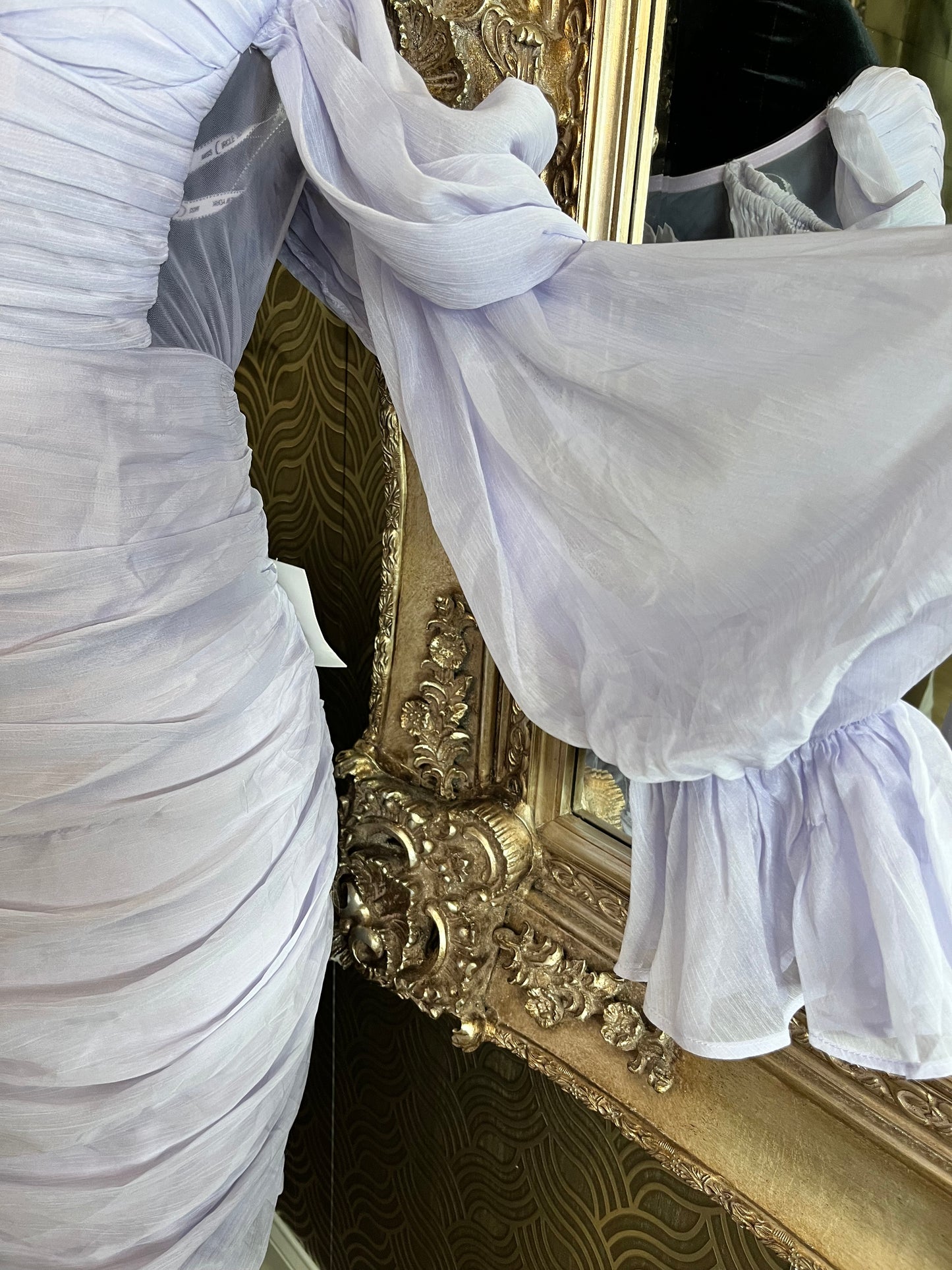 Miss Circle lavender silk pleated shoulder dress