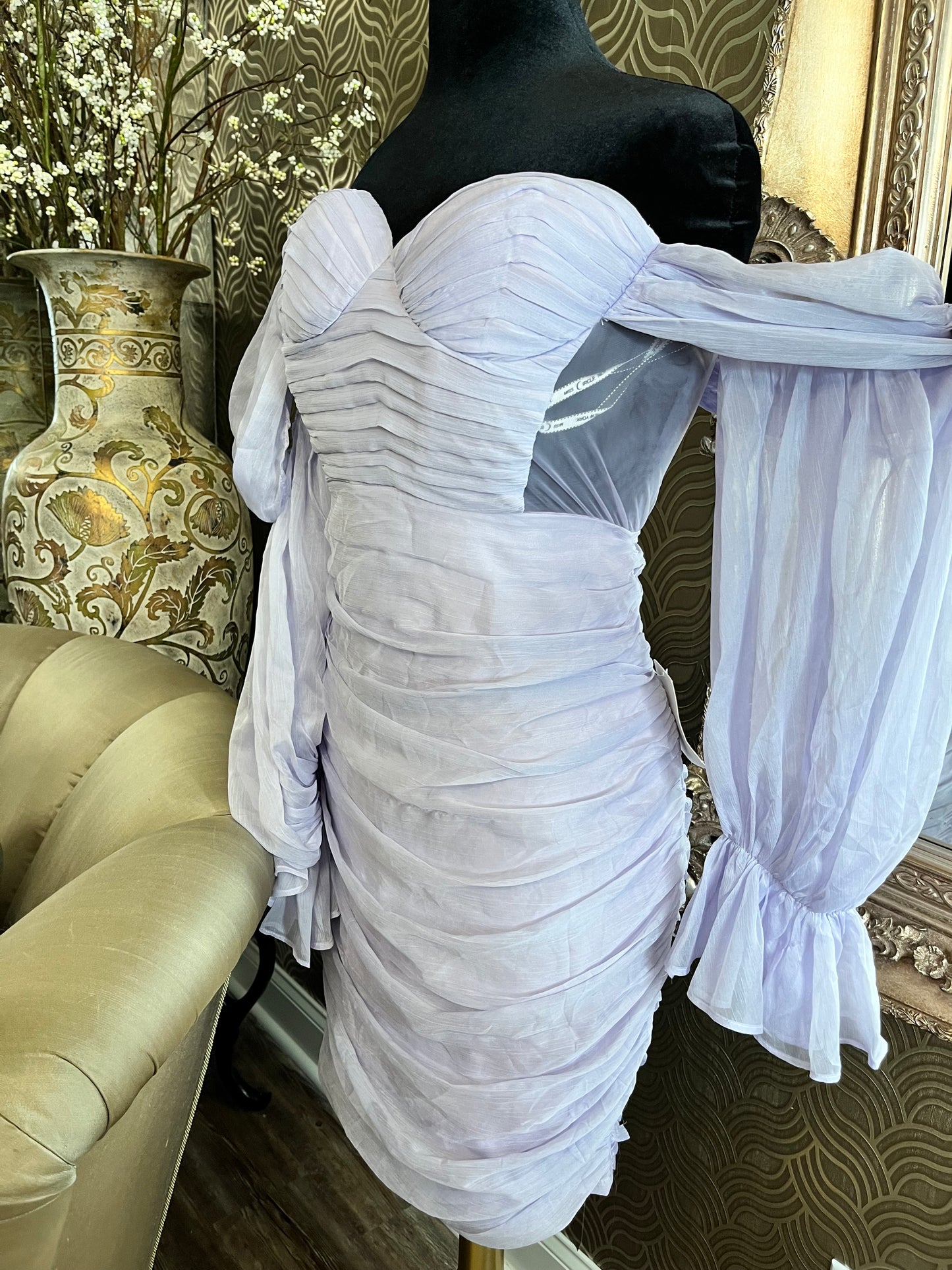 Miss Circle lavender silk pleated shoulder dress