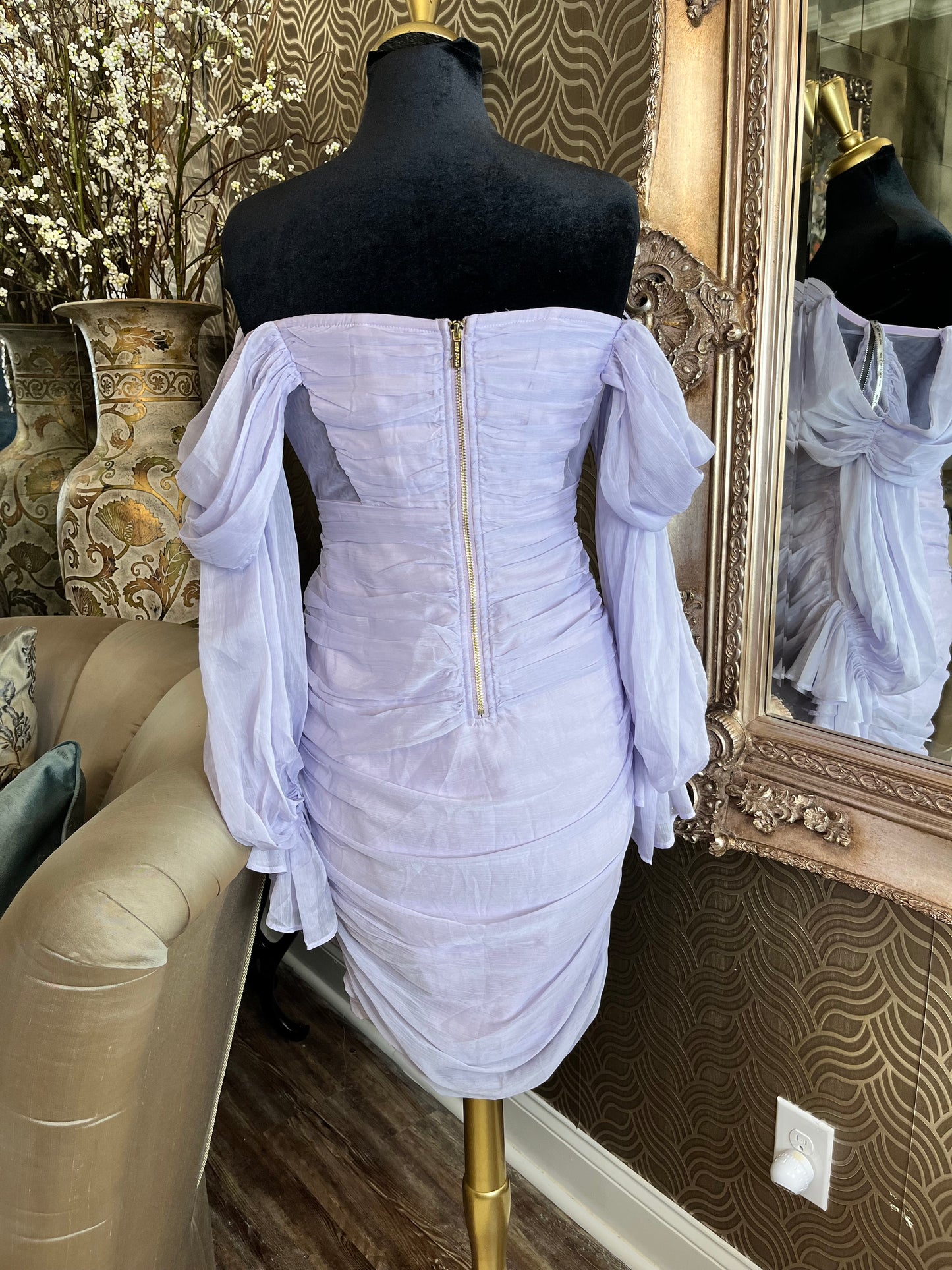 Miss Circle lavender silk pleated shoulder dress