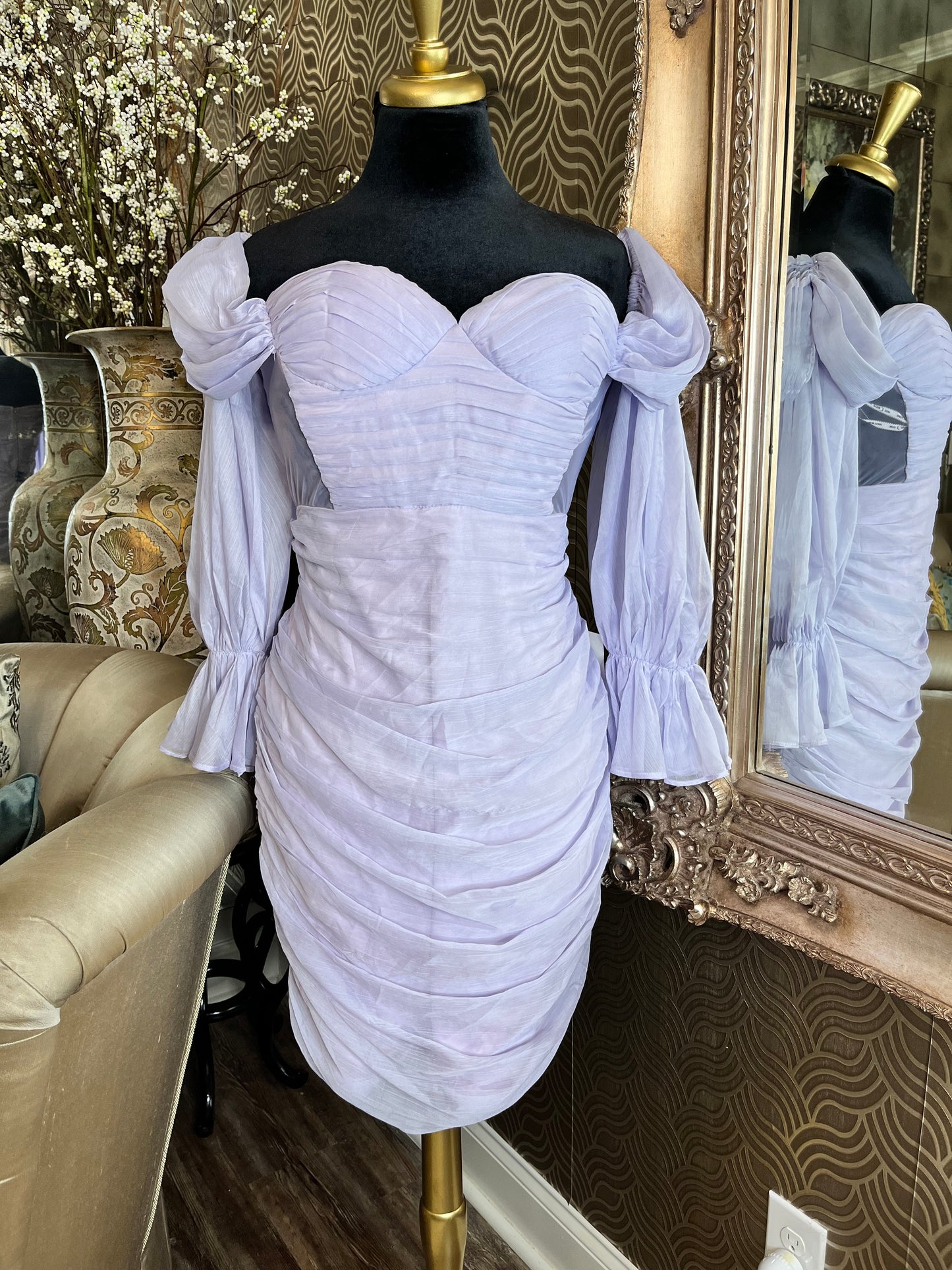 Miss Circle lavender silk pleated shoulder dress
