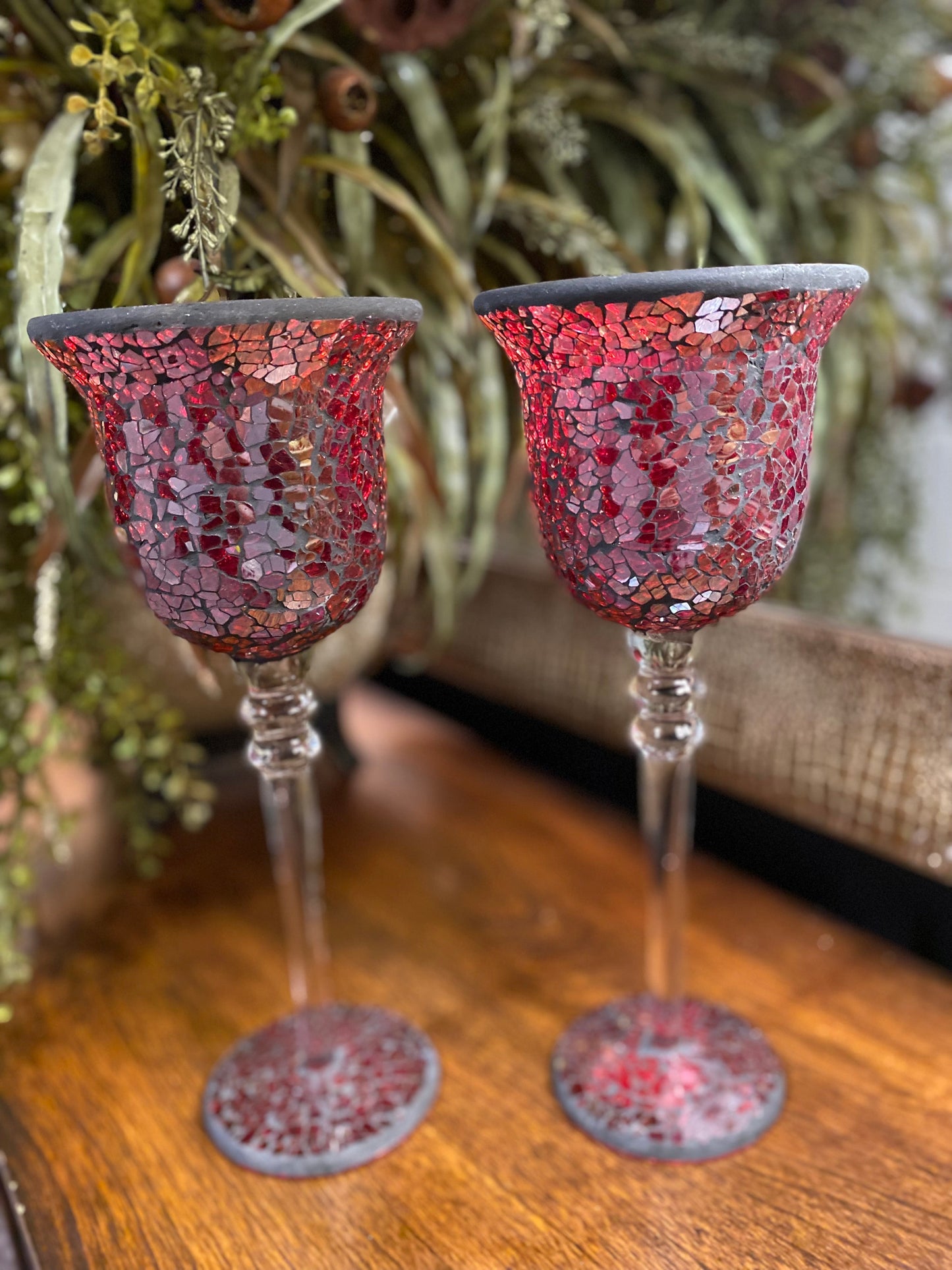 Crackle red mosaic glass pedestal candle holders