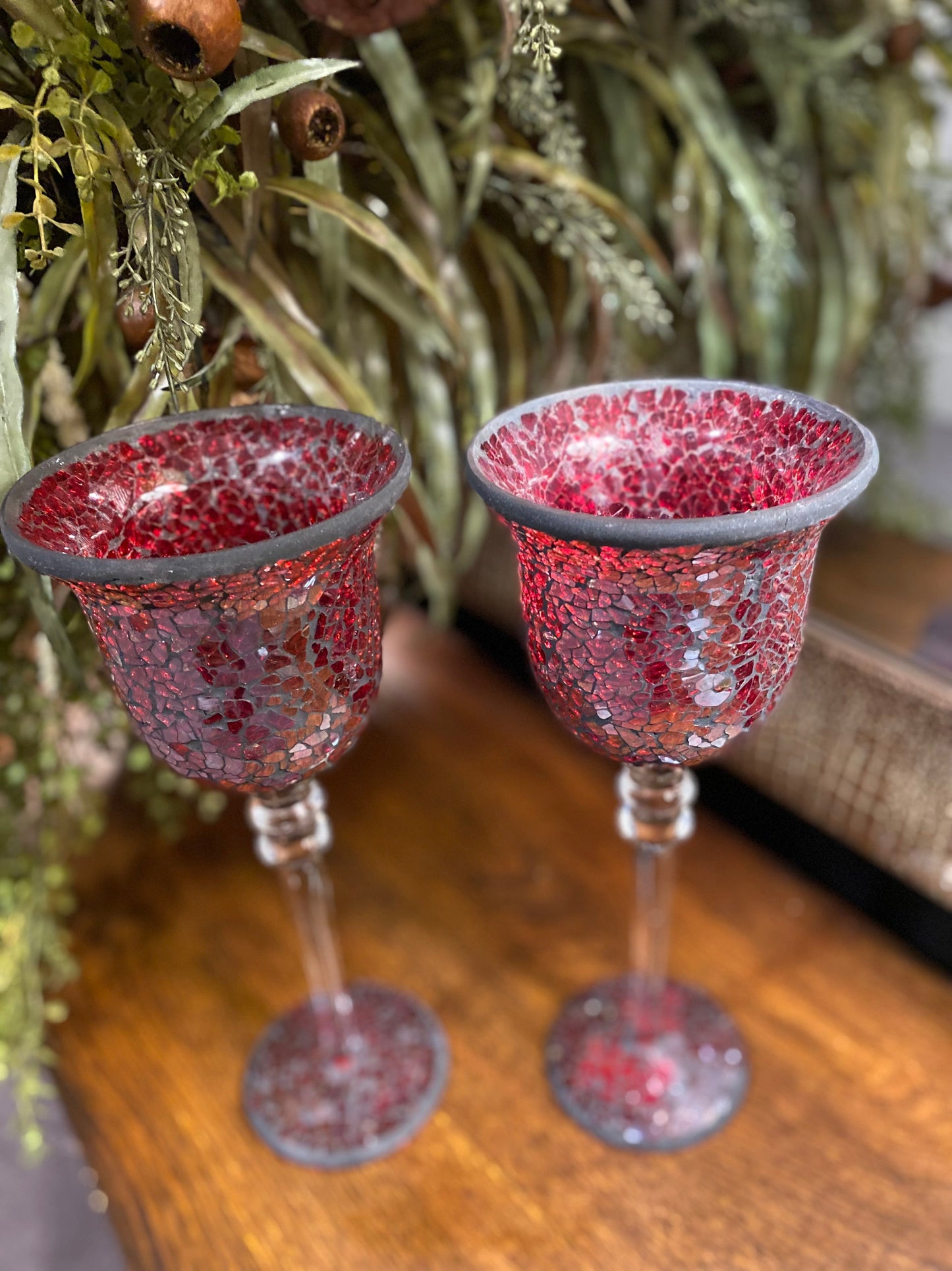 Crackle red mosaic glass pedestal candle holders