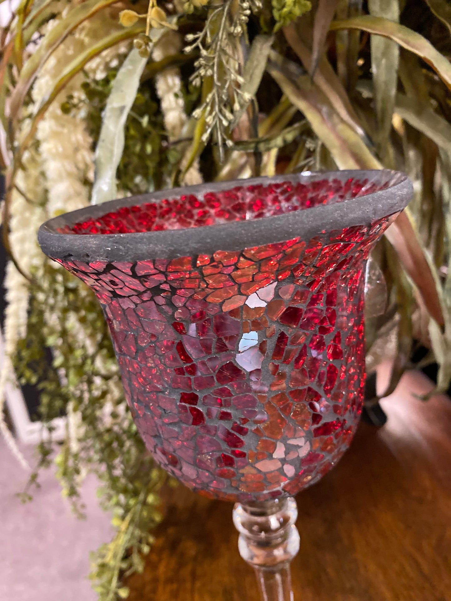 Crackle red mosaic glass pedestal candle holders