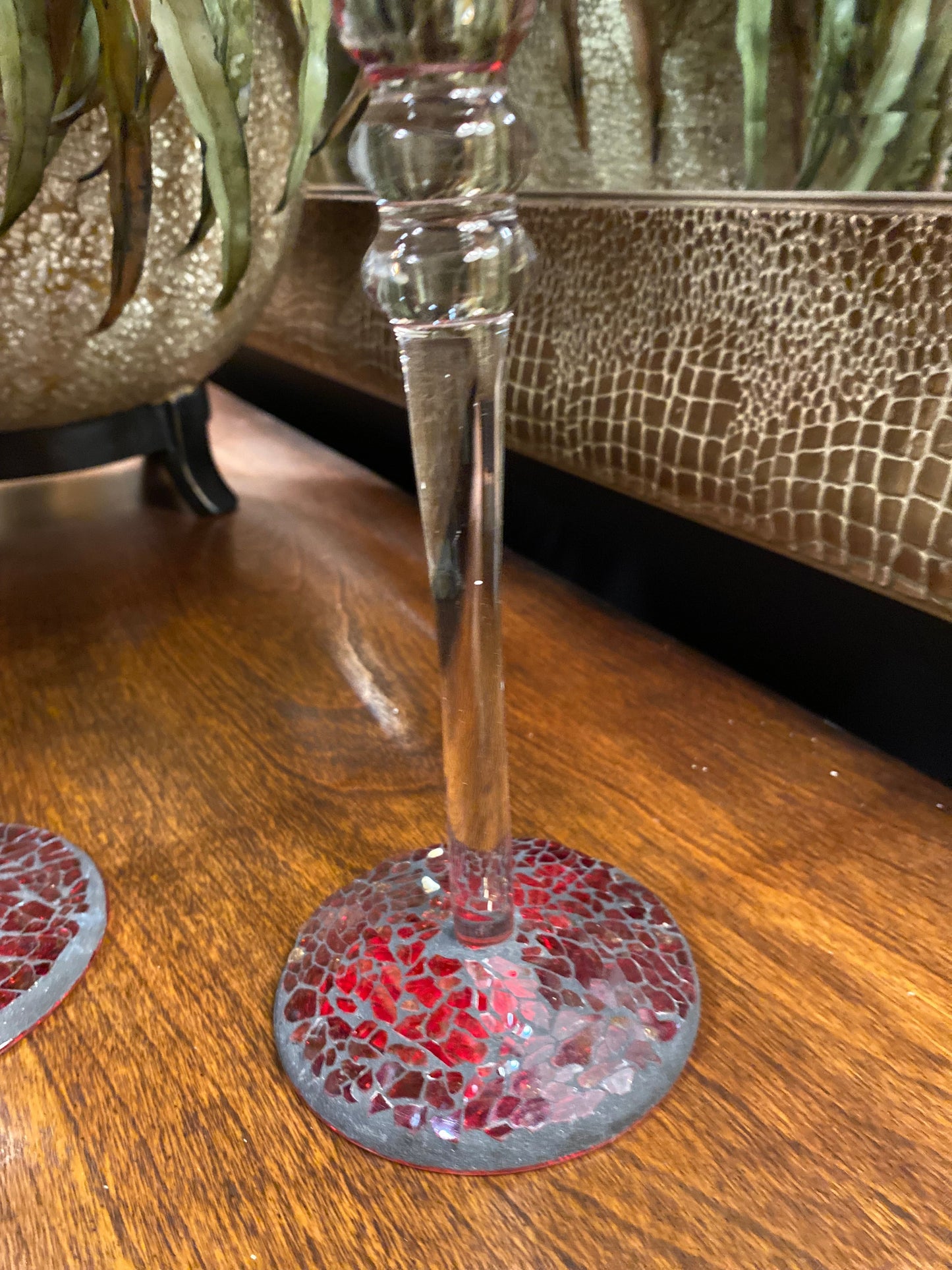 Crackle red mosaic glass pedestal candle holders
