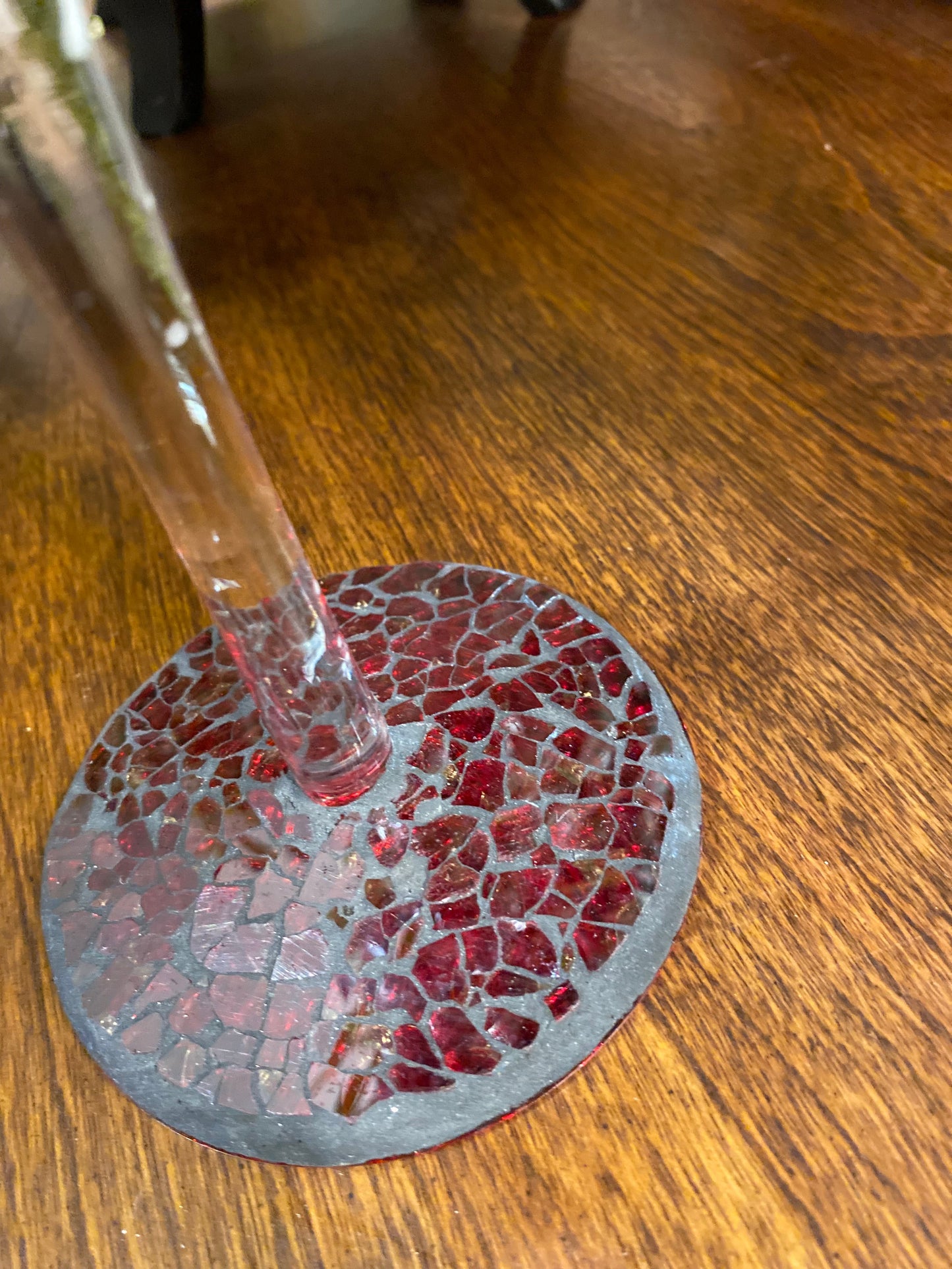 Crackle red mosaic glass pedestal candle holders