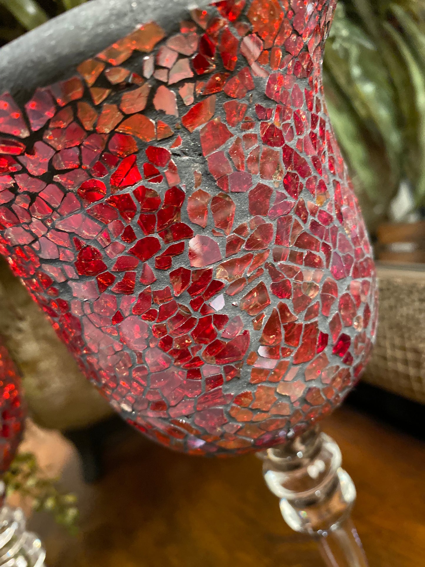 Crackle red mosaic glass pedestal candle holders