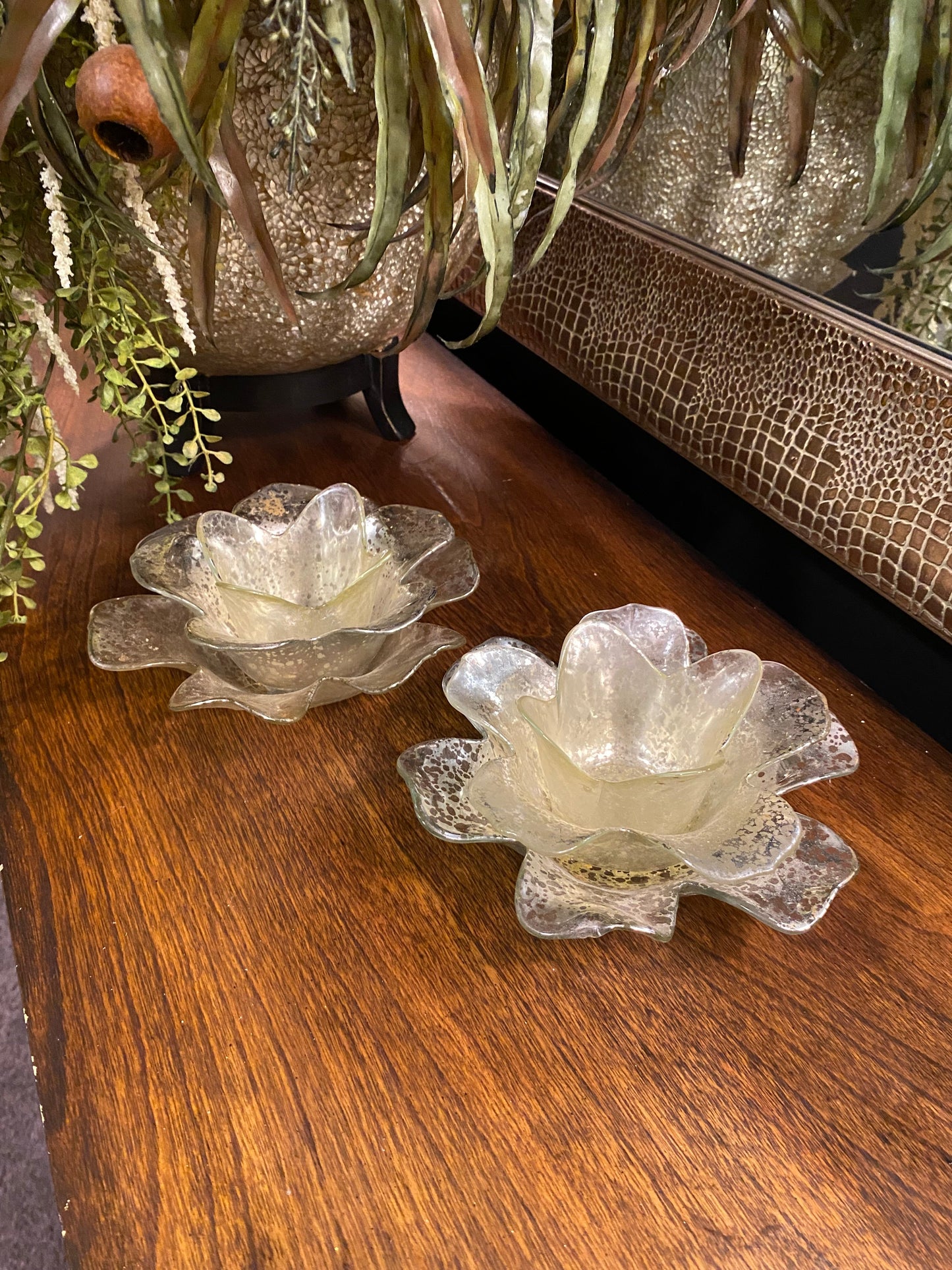 Metallic Mercury vintage glass lotus floral petals candle holders