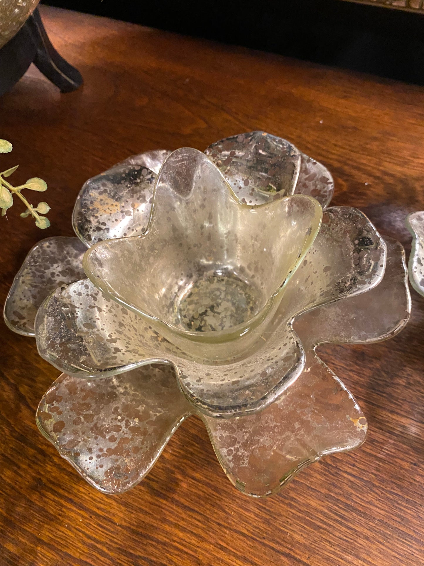 Metallic Mercury vintage glass lotus floral petals candle holders