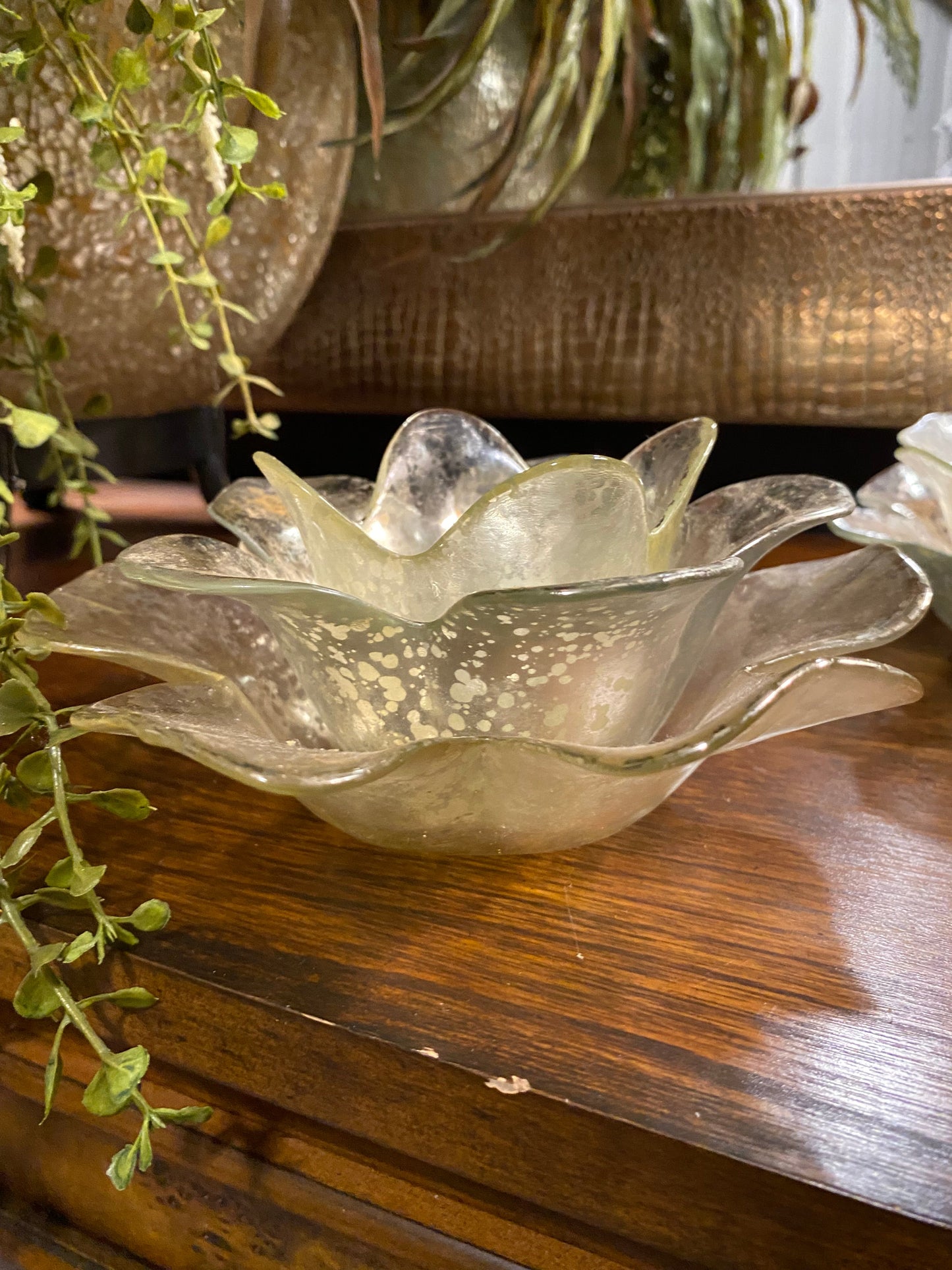 Metallic Mercury vintage glass lotus floral petals candle holders