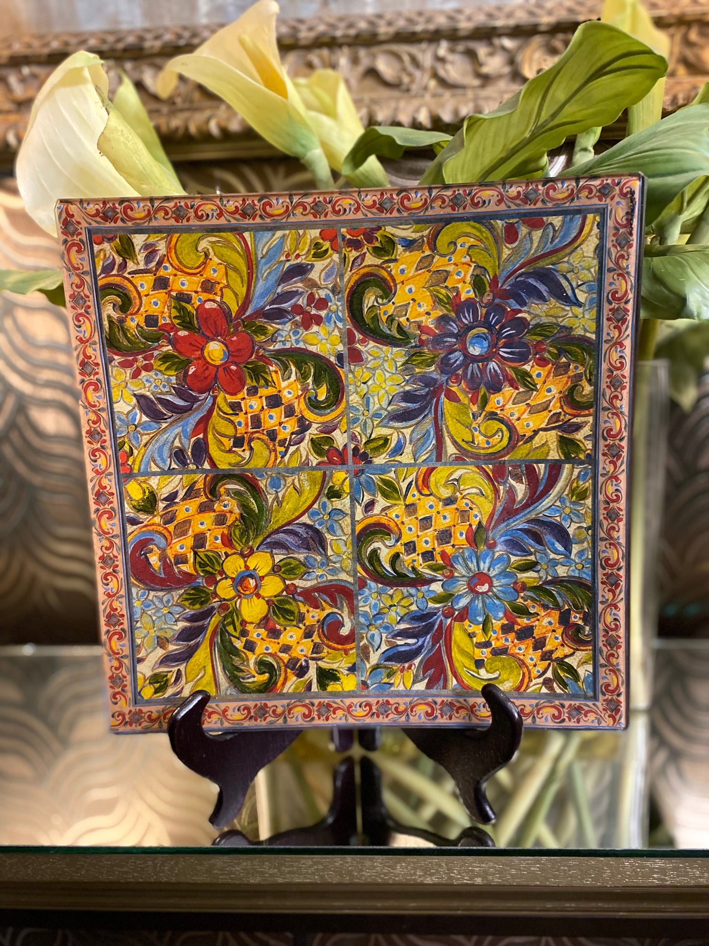 Prima design decoupage colorful floral square glass accent bowl
