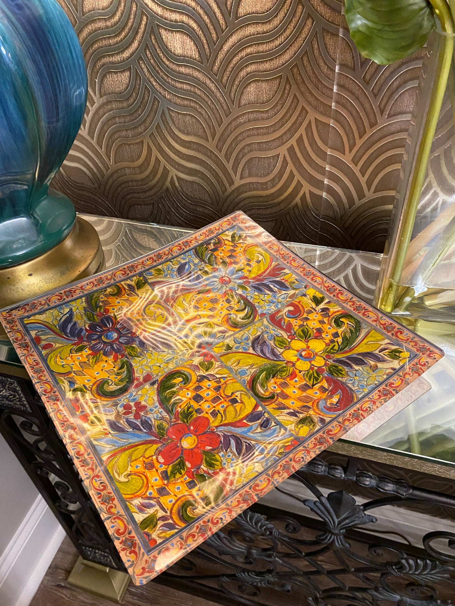 Prima design decoupage colorful floral square glass accent bowl