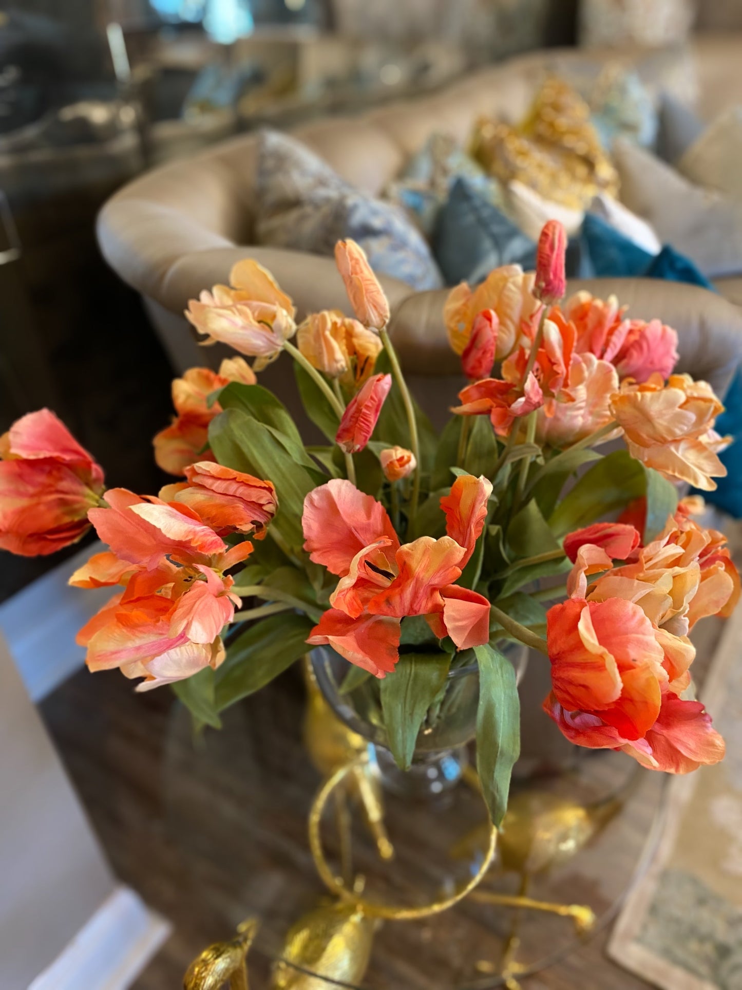 Cocktail tulip mix colorful orange glass vase arrangement