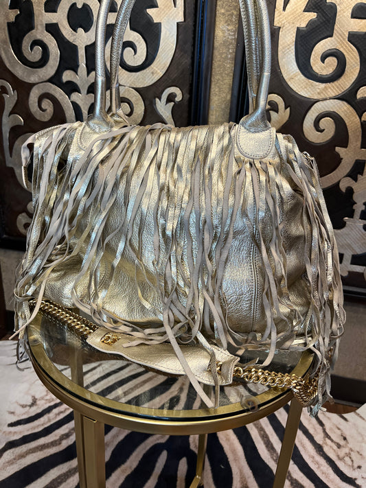 Alberta DiCanio Italian soft leather fringe golden crossbody handbag