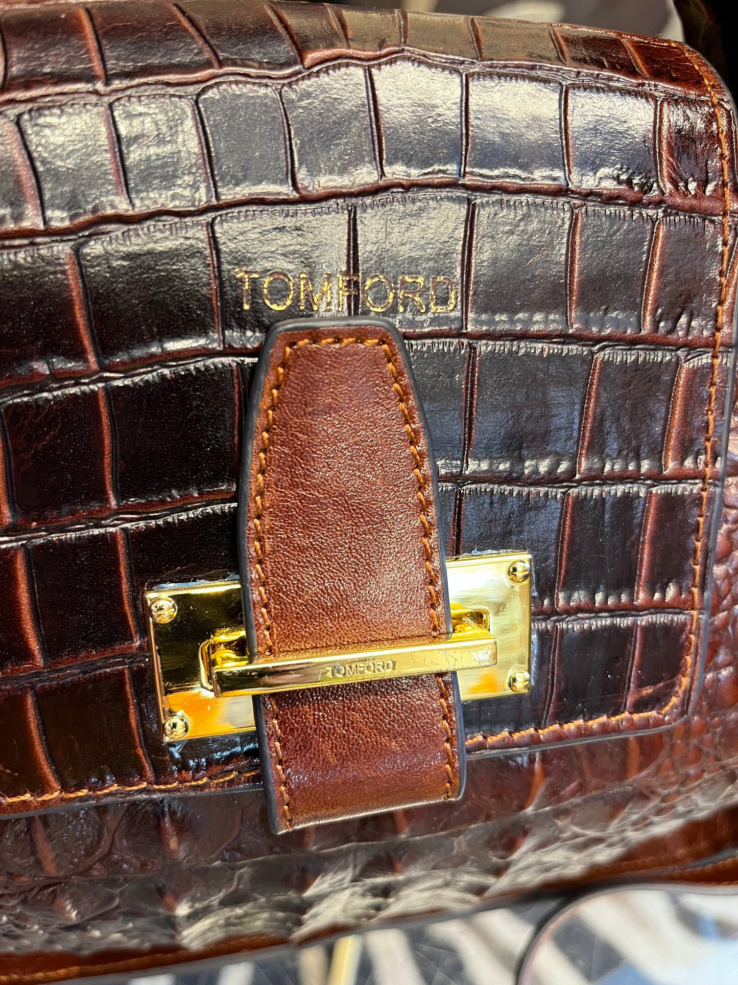 Tom Ford brown croc shoulder leather crossbody handbag