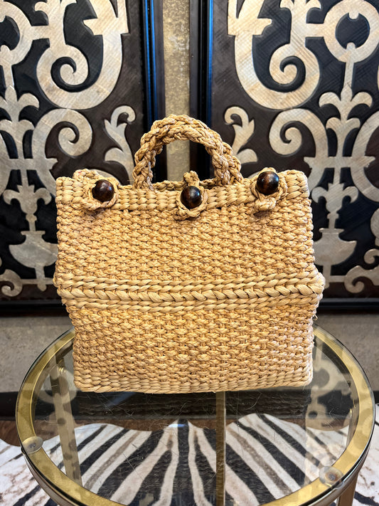 Rattan three wooden button wicker handle handbag