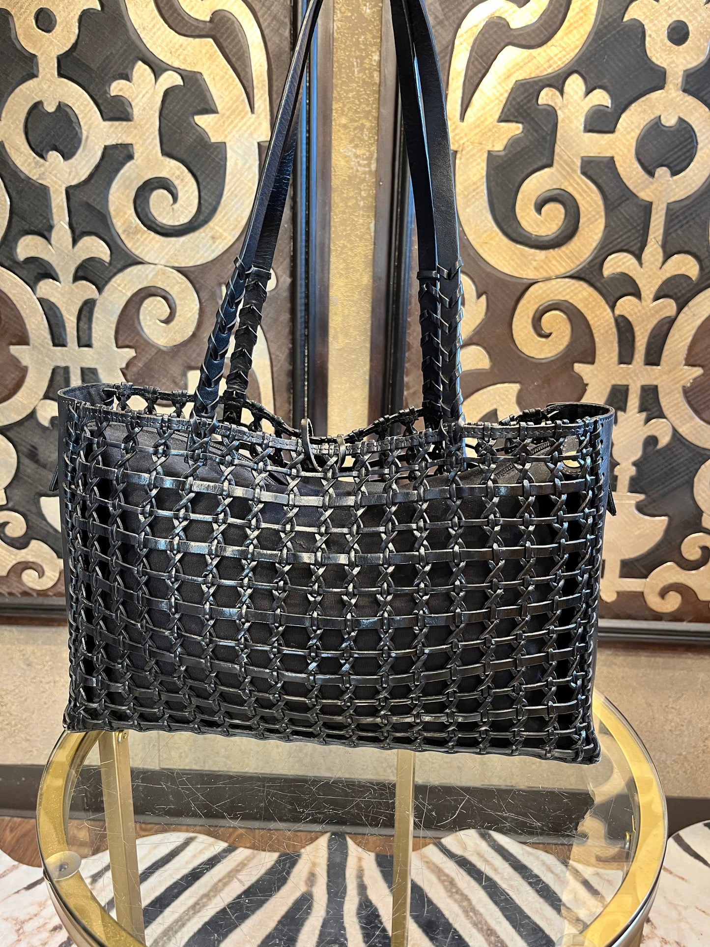 The Sak black woven leather lining insert handbag