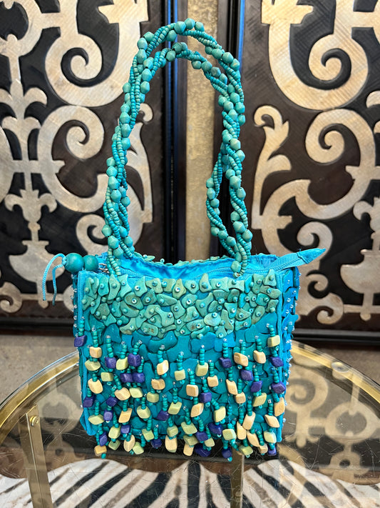 Pele handmade turquoise auqua beaded shell handbag