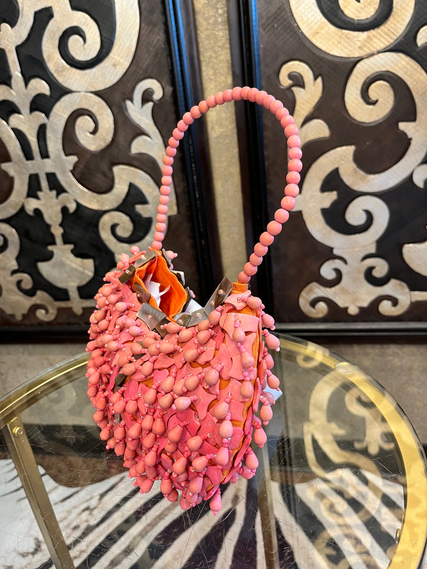 Pele handmade coral aque beaded shell handbag