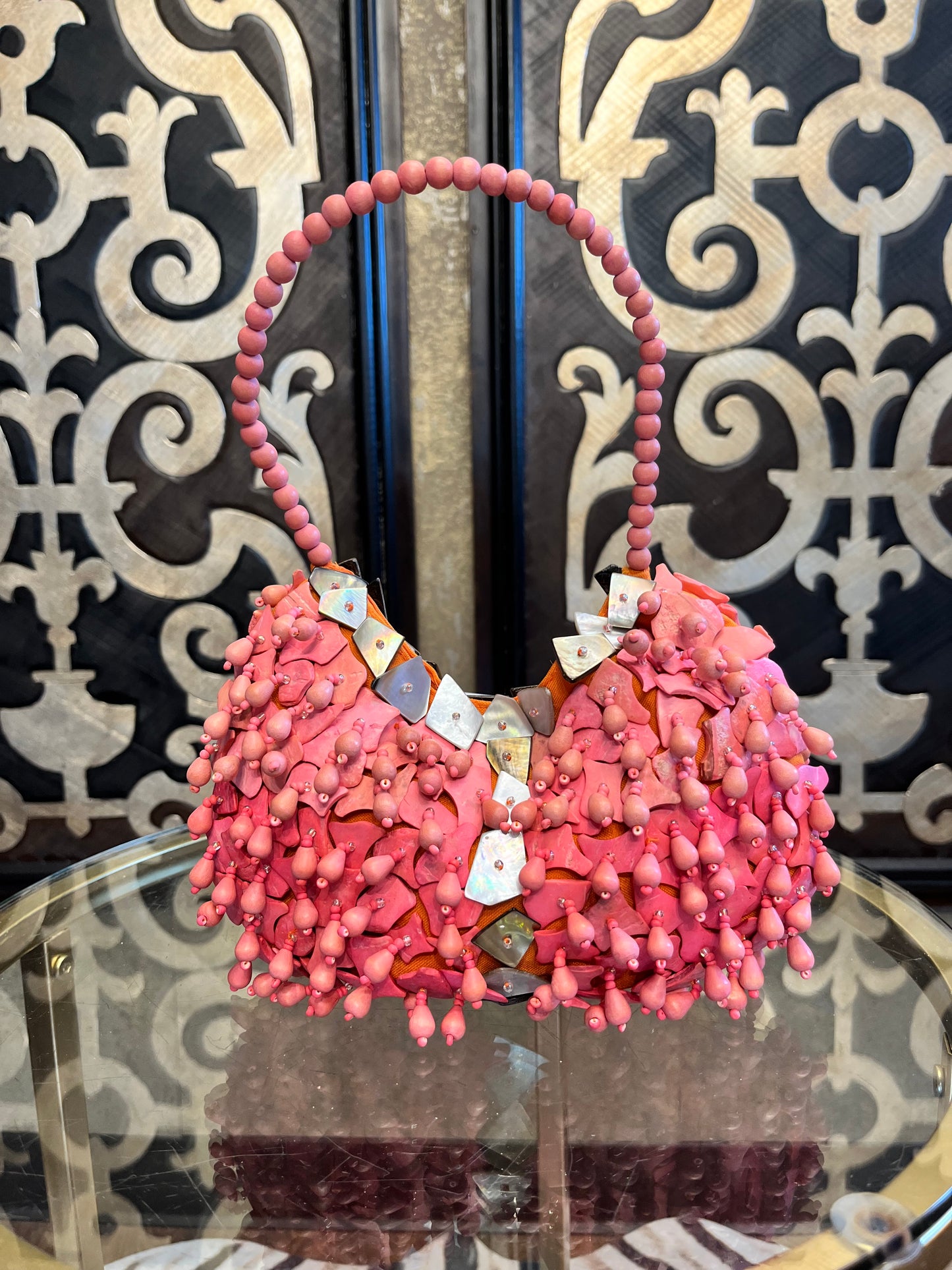 Pele handmade coral aque beaded shell handbag