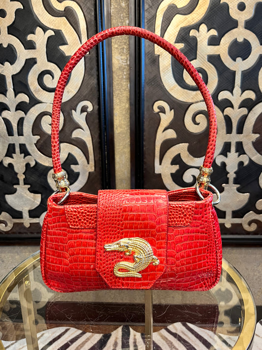 Gold metal croc design red leather embossed hoop handle handbag