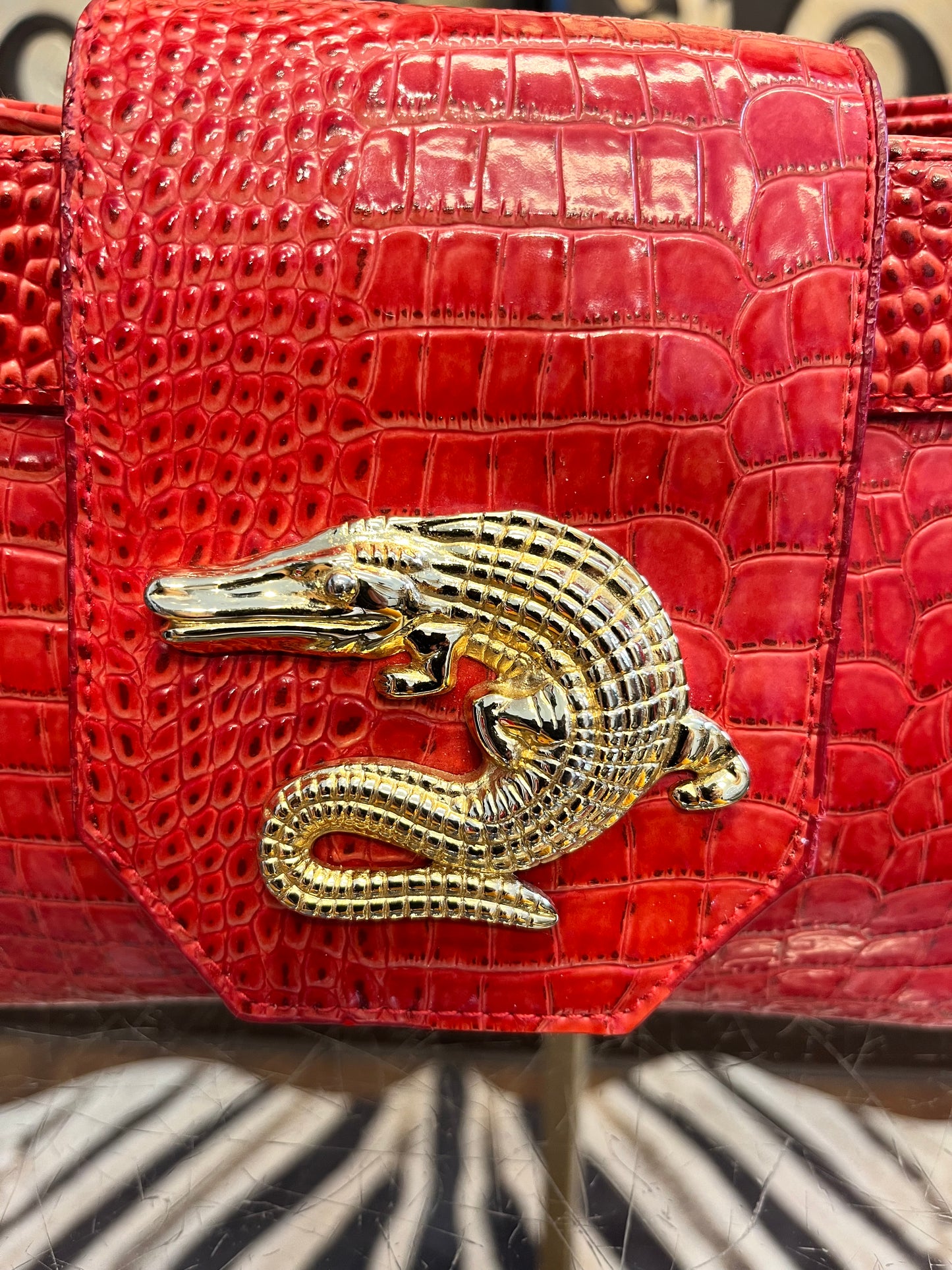 Gold metal croc design red leather embossed hoop handle handbag