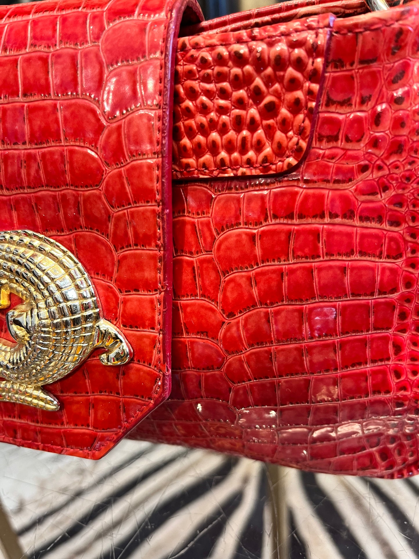 Gold metal croc design red leather embossed hoop handle handbag